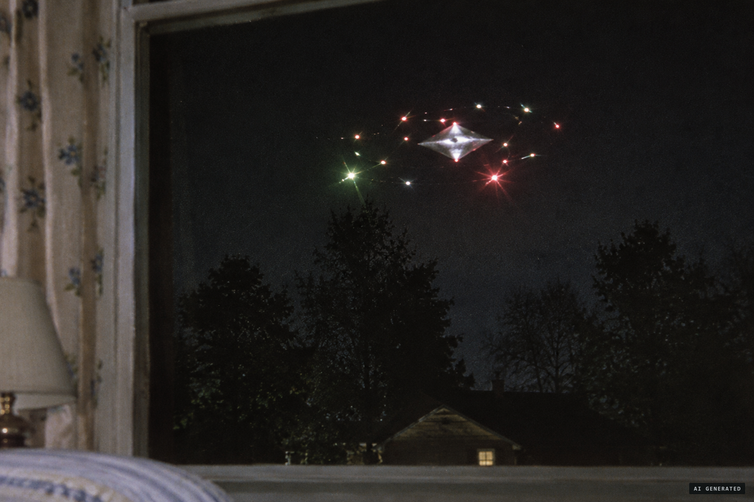 About a dozen balls circle the diamond amid flashing red, green and white lights
