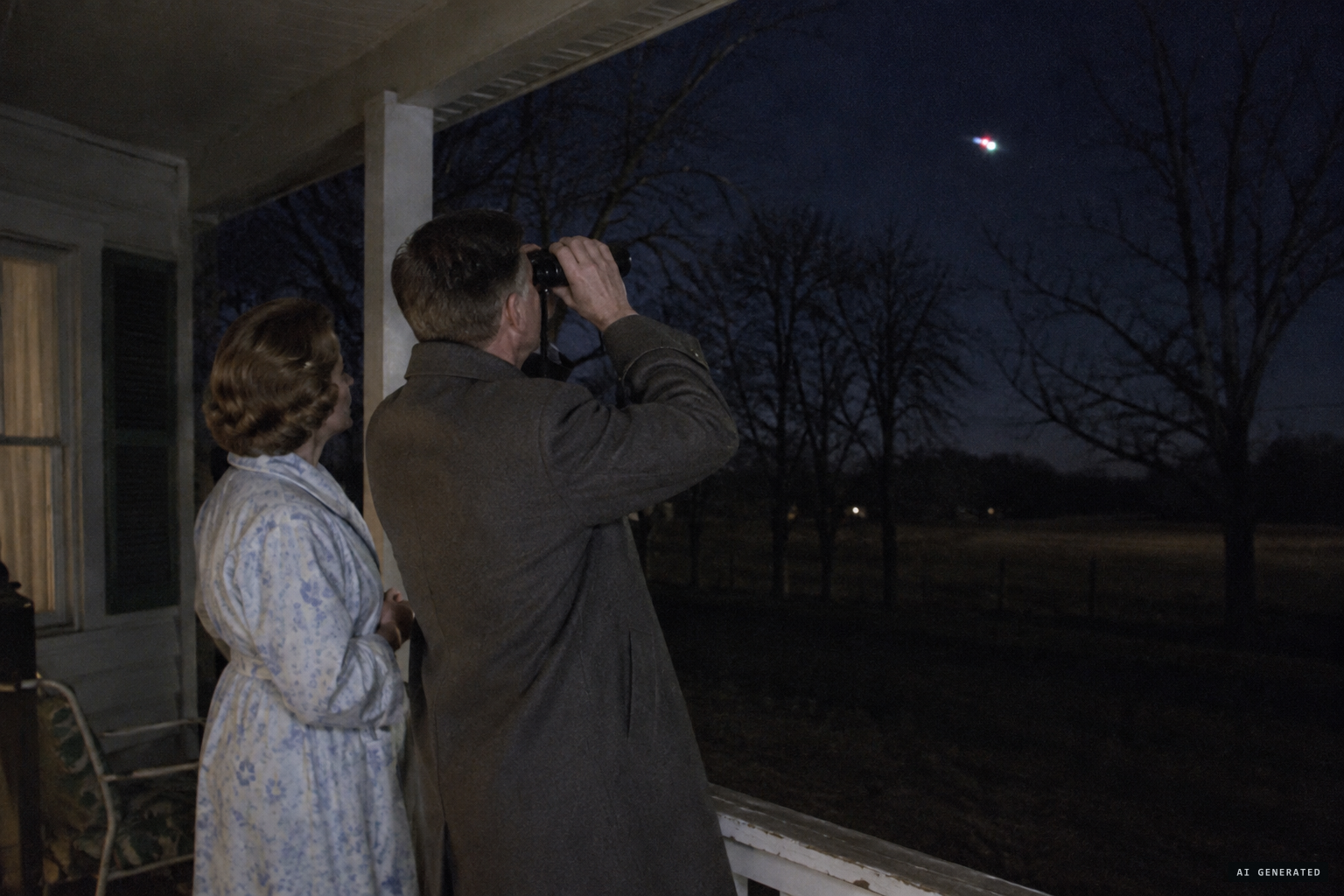 Her husband watches the receding object through binoculars