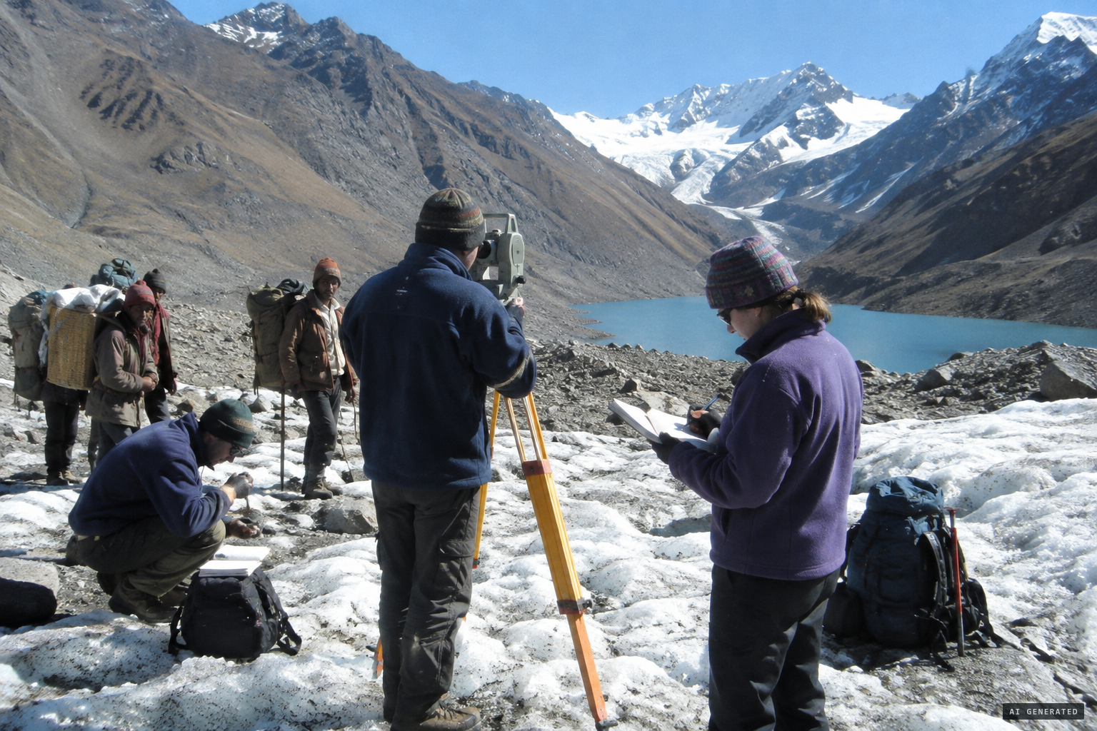 Three SAC scientists, two geologists and porters at work high in the Chandra basin
