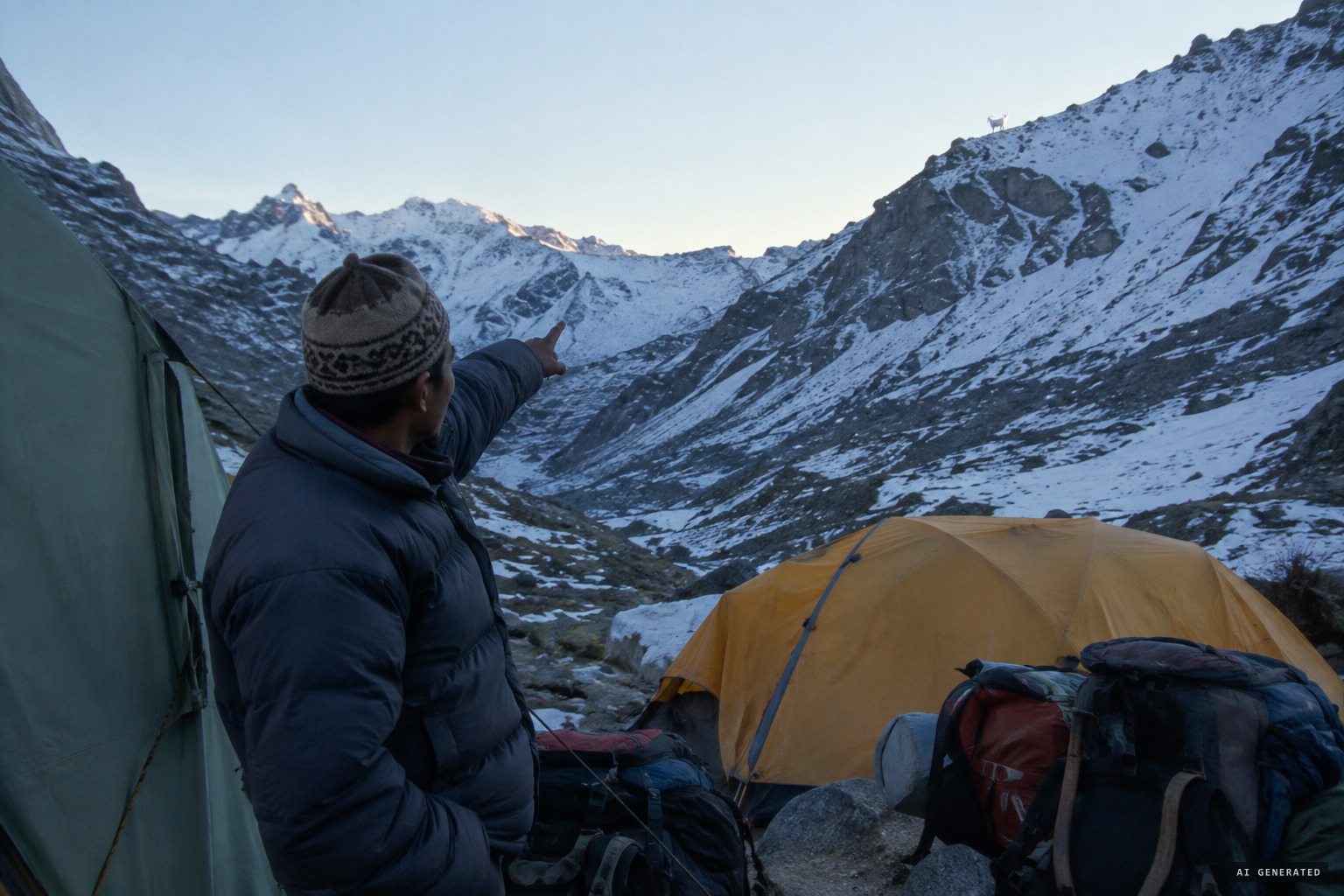 A porter spots something white on the adjacent ridge: 'Sir, the snow man is coming'