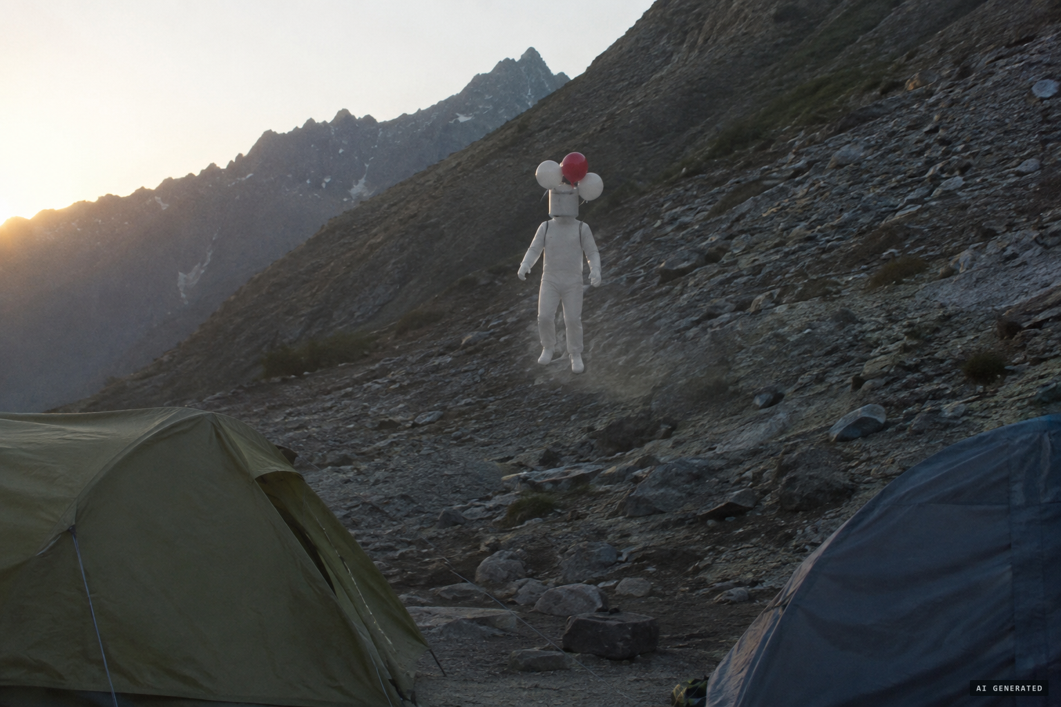 The white figure with balloon-type attachments floats down the slope towards the camp