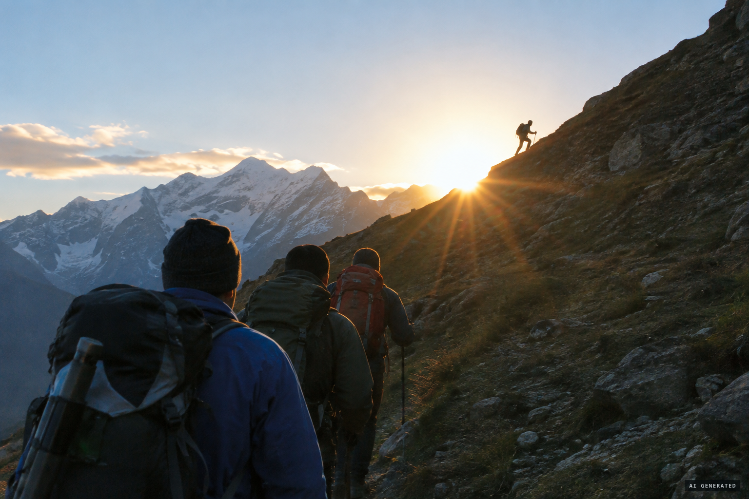 As the team approaches, it climbs steeply to the ridge and turns black in the rising sun