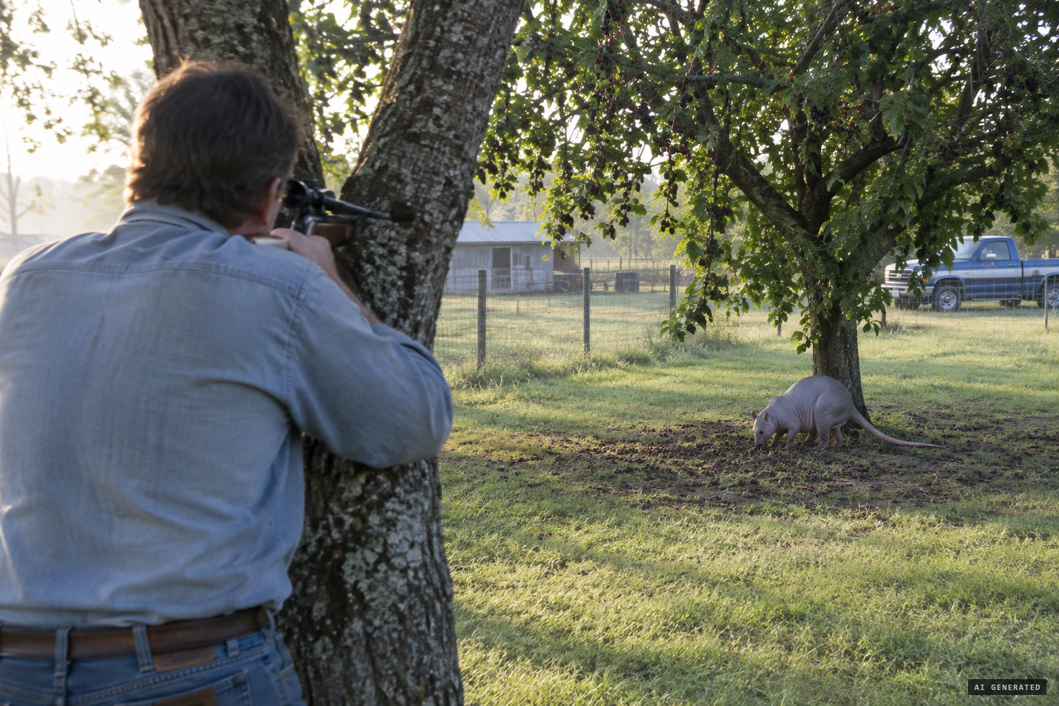 Devin McAnally takes aim at the bluish varmint eating mulberries