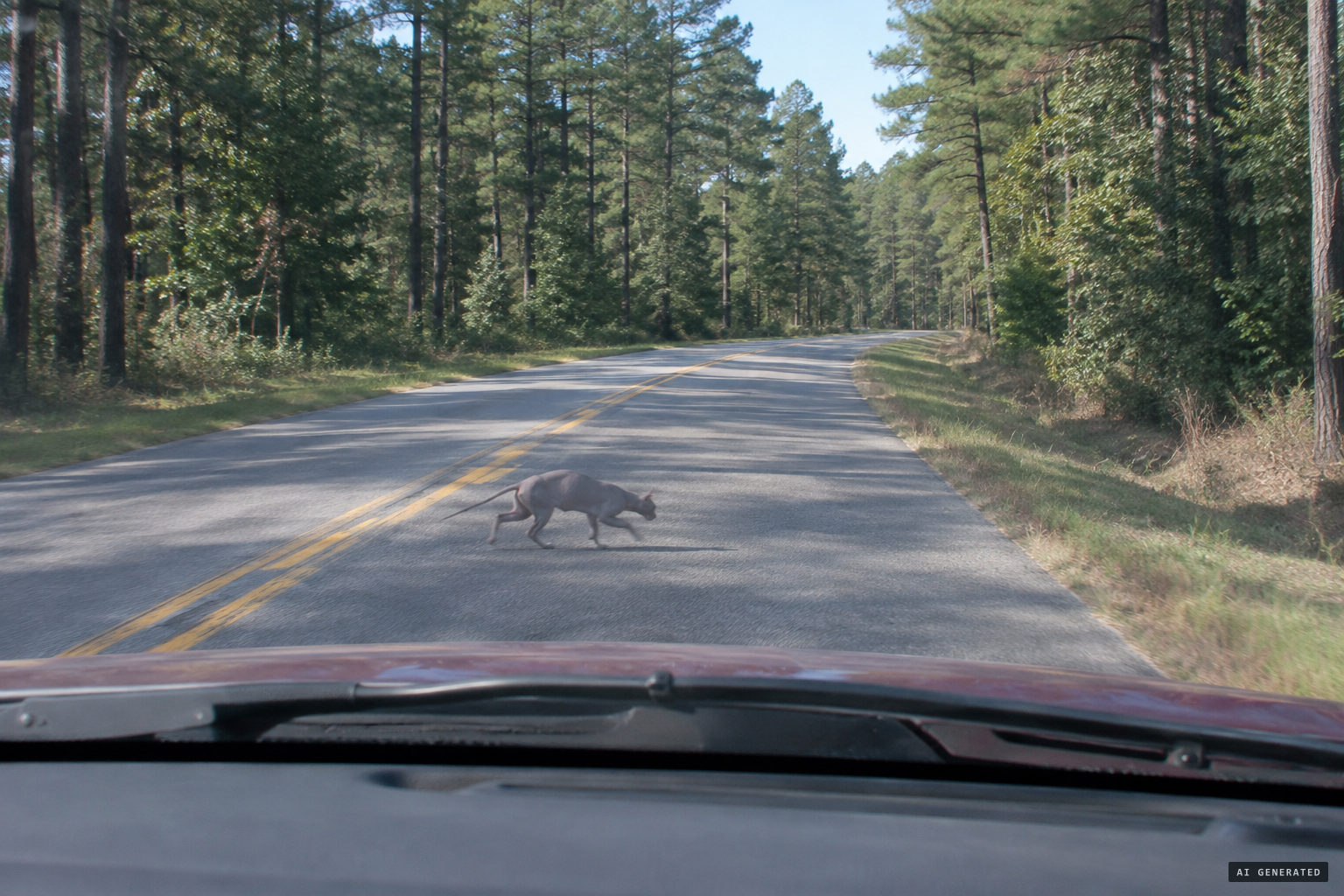 An identical animal runs across the road a quarter mile from the house