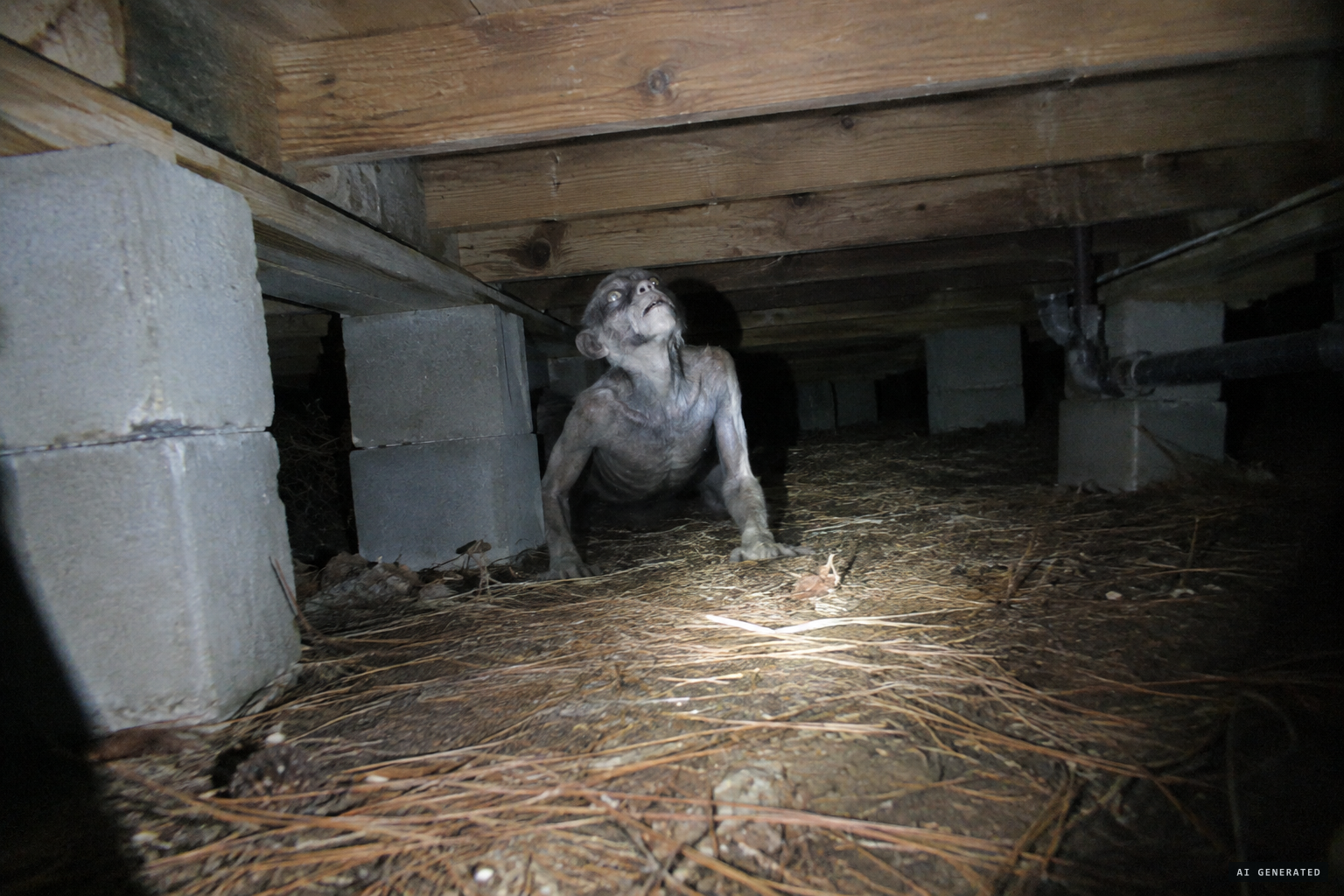 Under the house, the creature raises its head toward the light