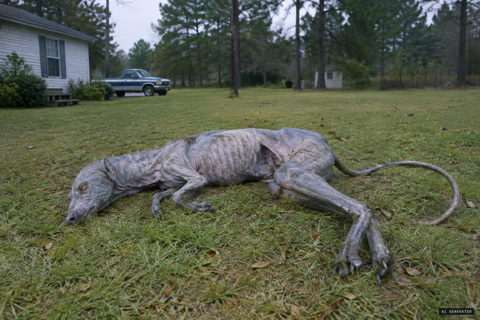 The thin, almost hairless blue-gray carcass