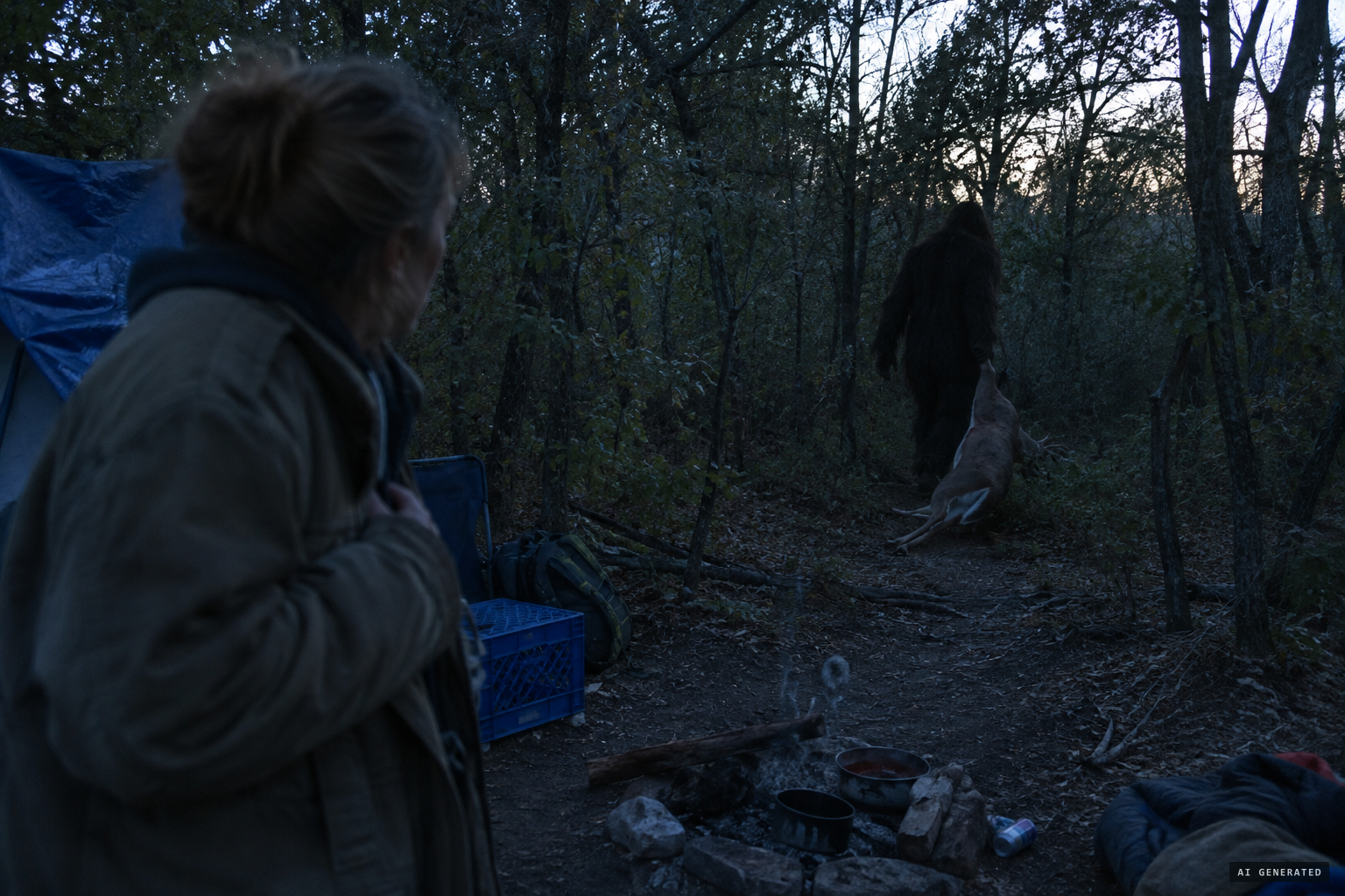 A homeless woman reports a screeching creature taking a deer carcass