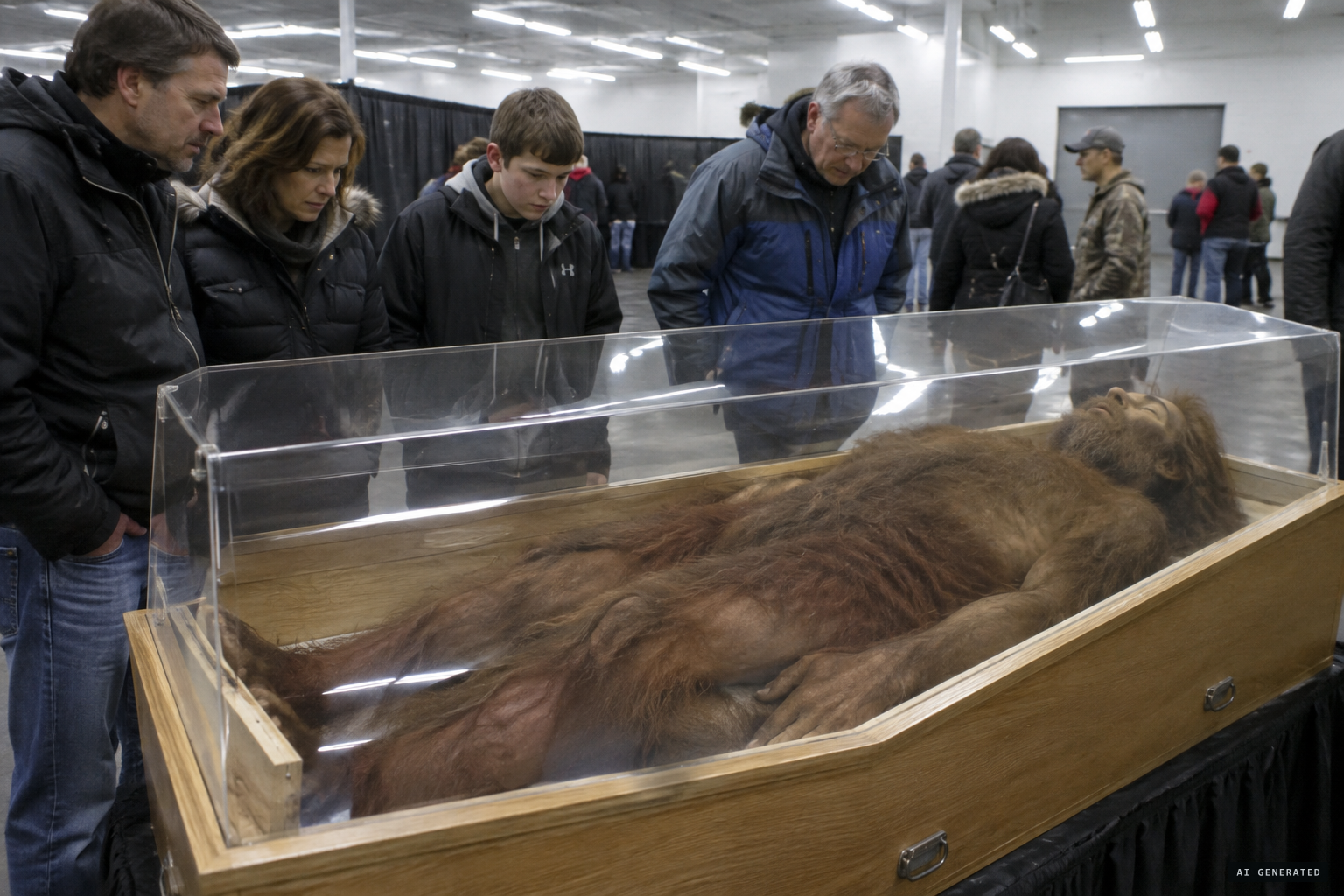 Hank on tour in a wooden coffin under Plexiglas