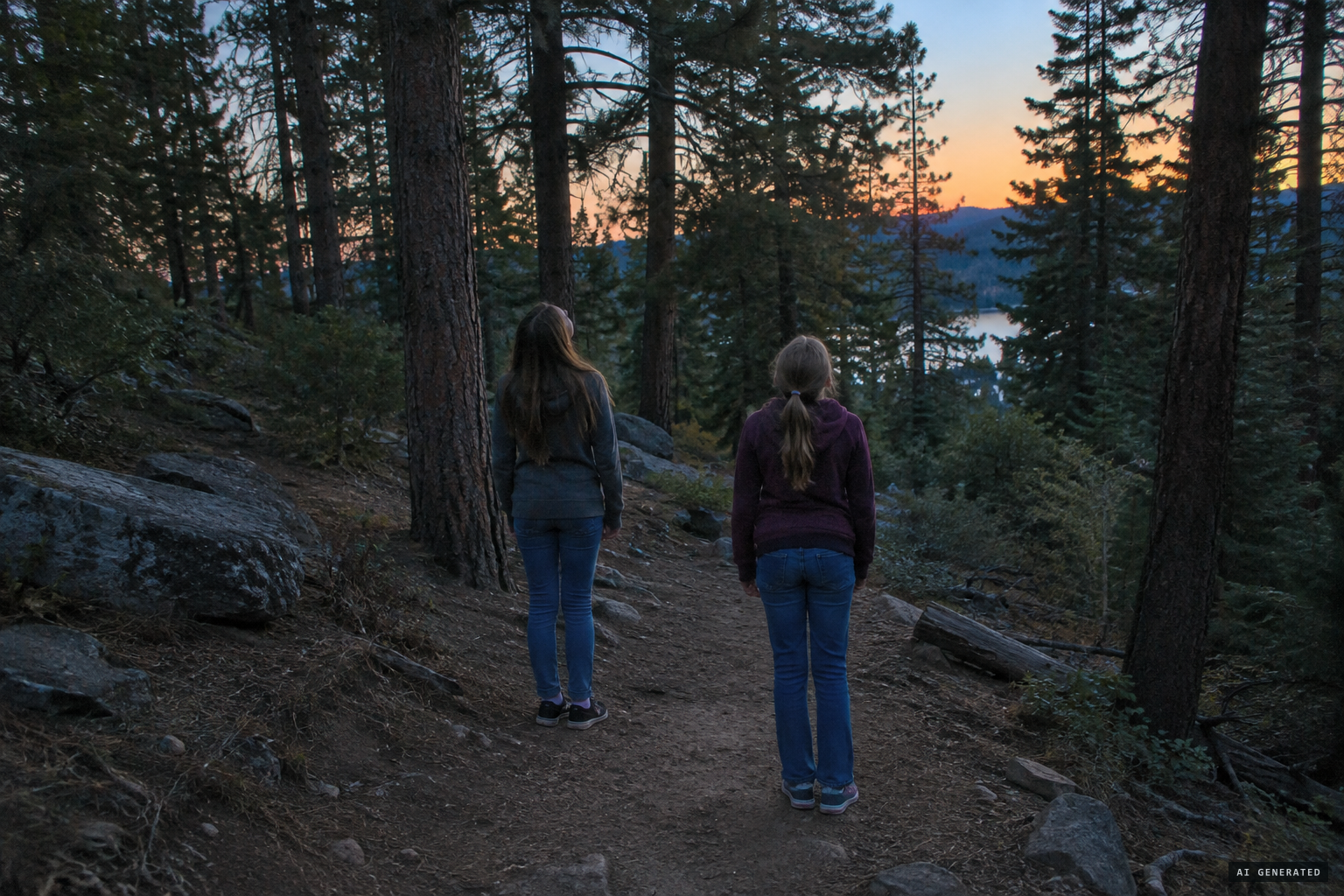 At dusk on the Blue Jay trail, the two girls freeze in their tracks
