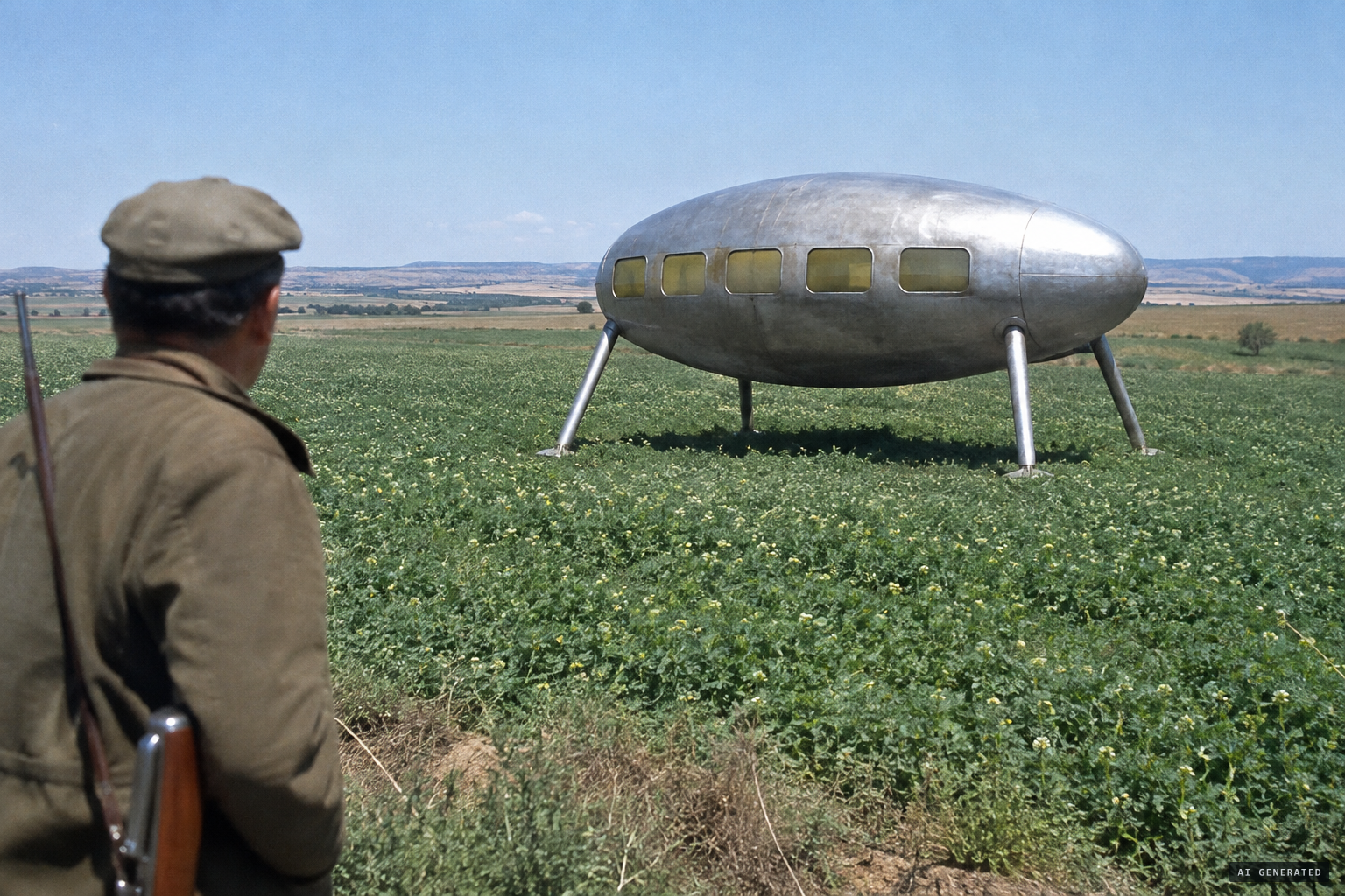 An ovoid object on legs sets down in a field of vetch