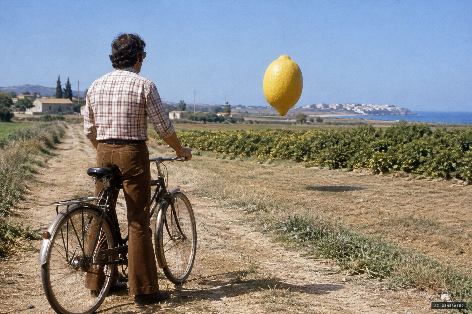 A later retelling: the gamekeeper on a bicycle before a lemon-shaped object