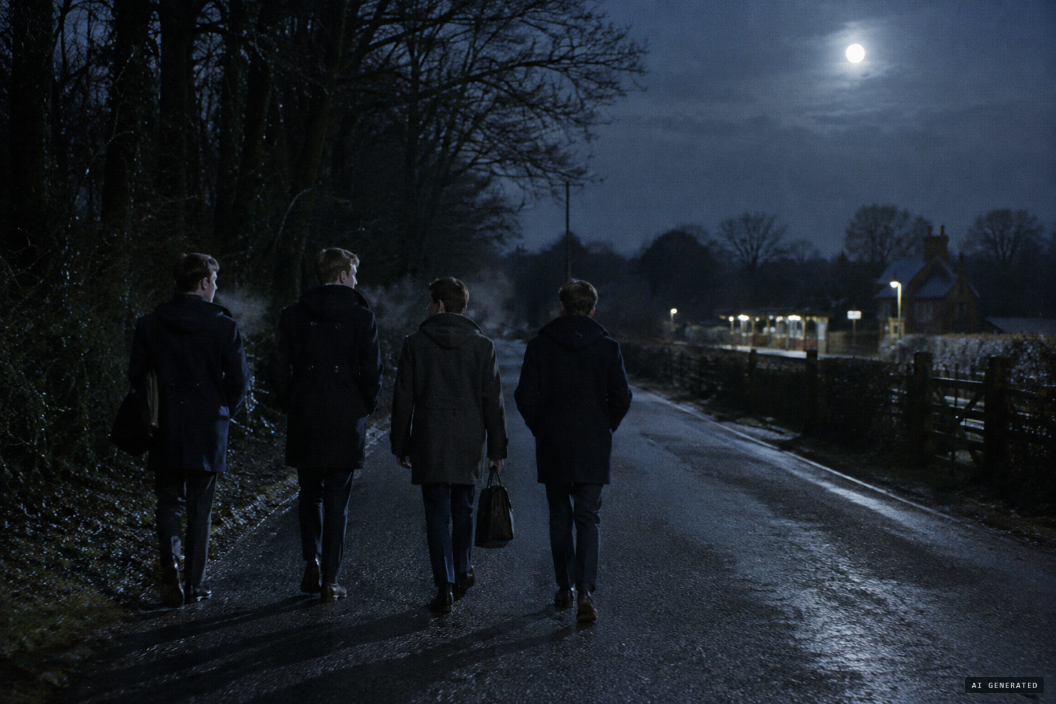Four young people walk home past Sandling Park after a party, November 1963