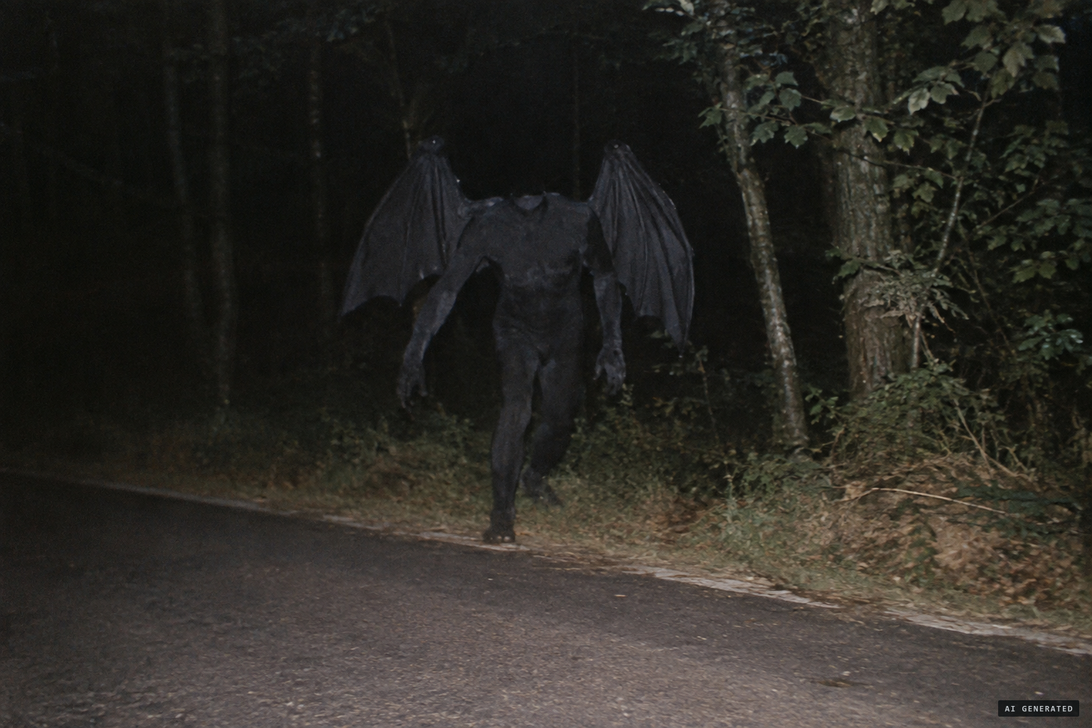A dark headless figure with bat wings shambled out of the woods