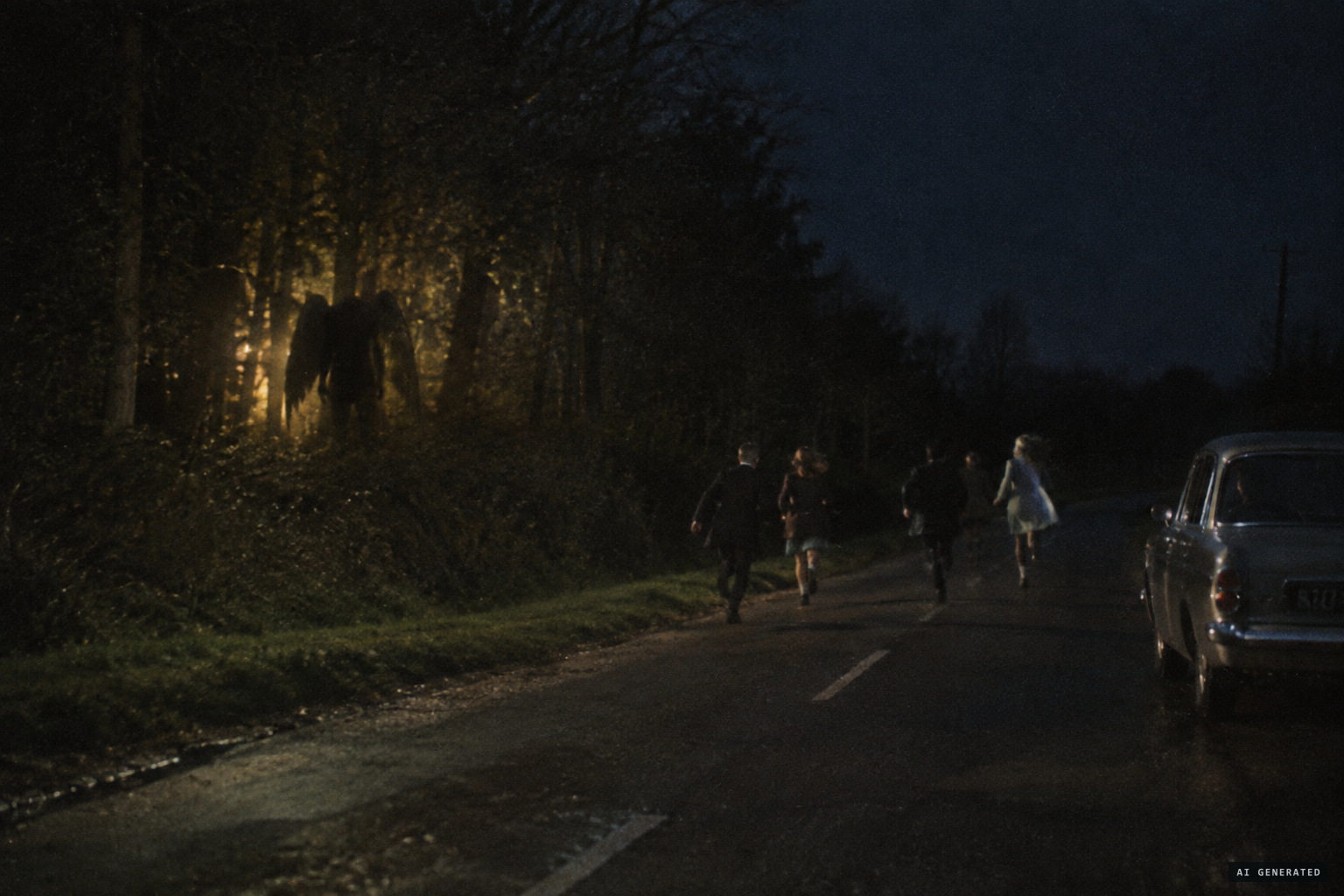A headless bat-winged figure, a golden light in the trees, and four who ran
