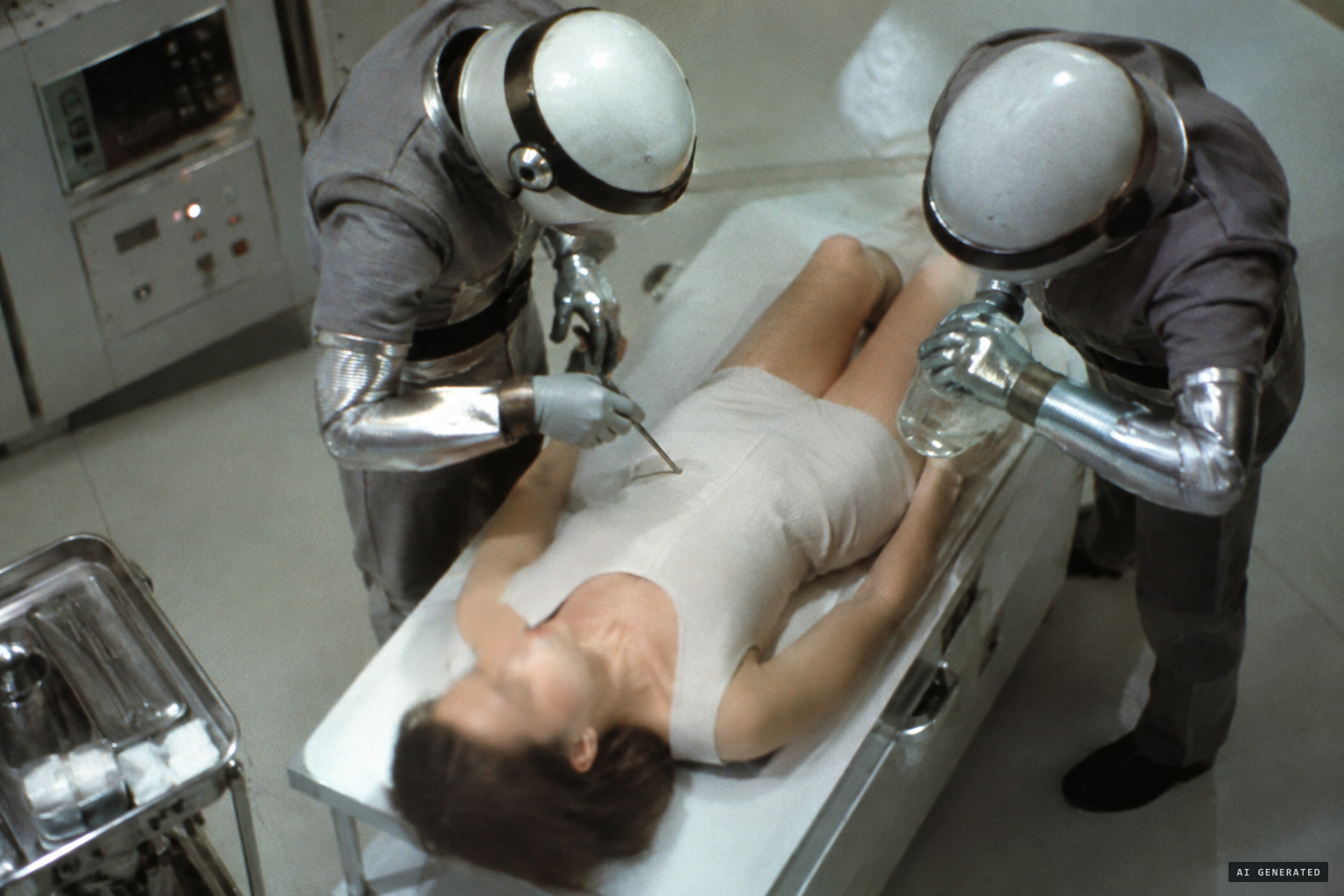 Probing, a clear liquid on her skin and a metal instrument in her nostril