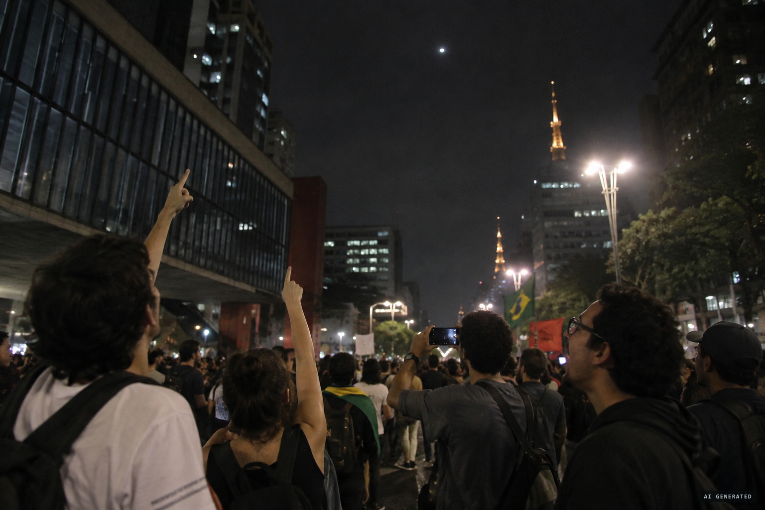 Onlookers stop, point and shout at the light