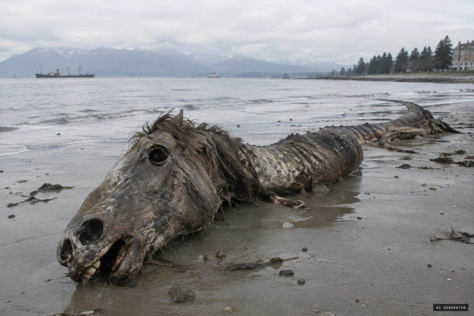 A horse-like head and a tapering 12-foot snake-like body with coarse hair