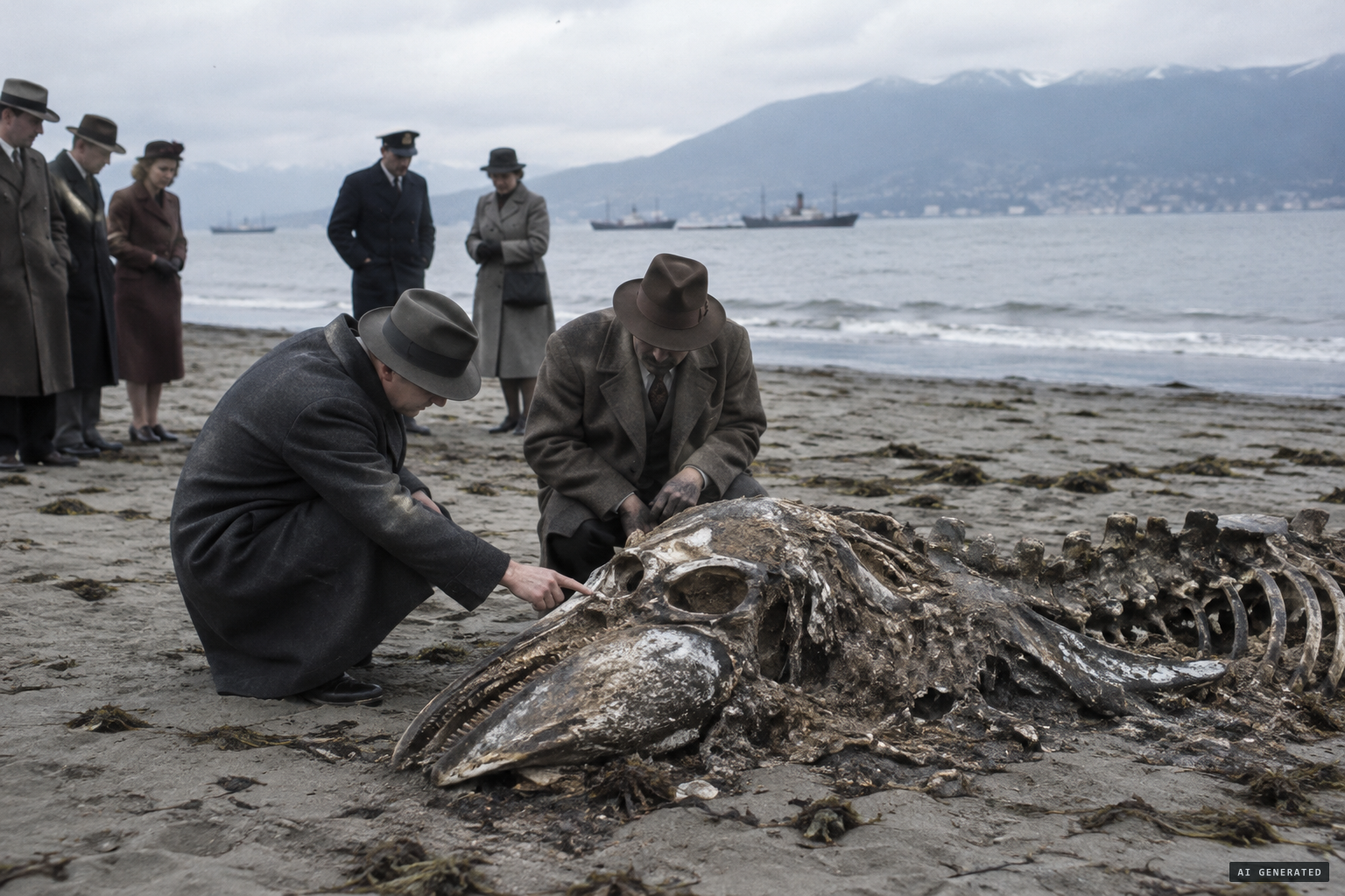 Clemens and McTaggart-Cowan examine the body where it lay on the sand
