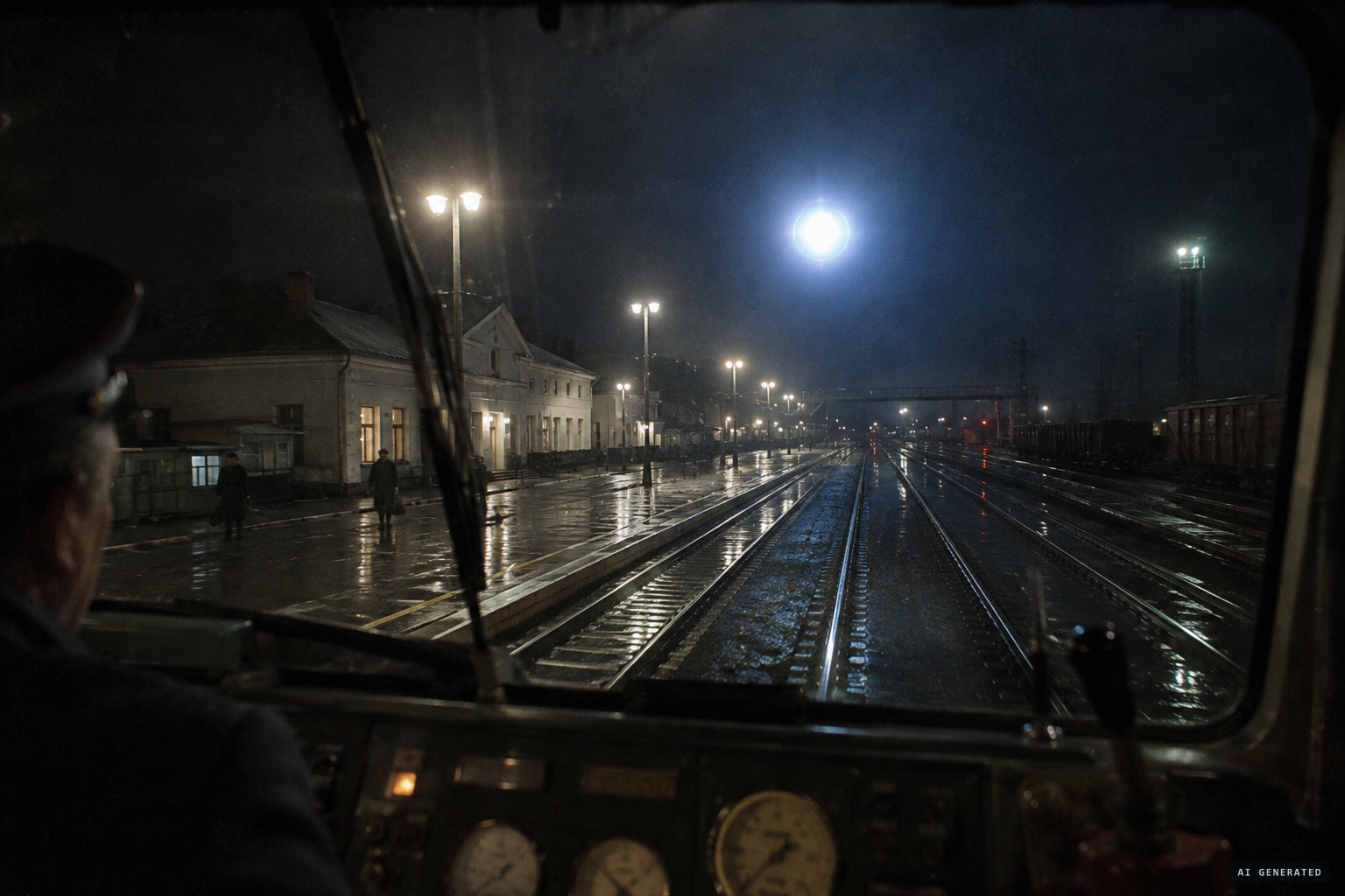 A bright white sphere appears over the station, seen by the locomotive driver