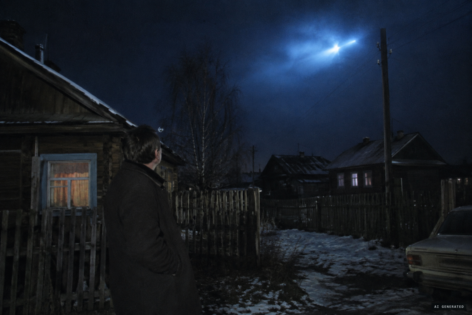 A sound like a plane overhead, then a blue flash