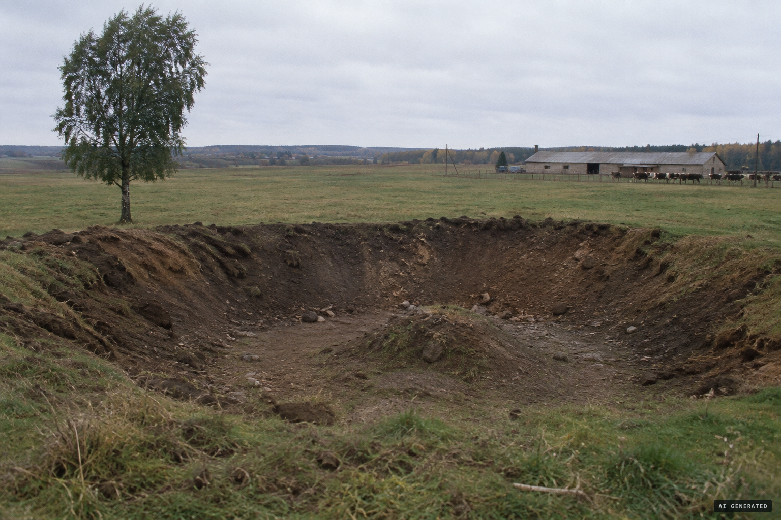 The crater, 28 m across, with an unharmed tree and cowshed nearby