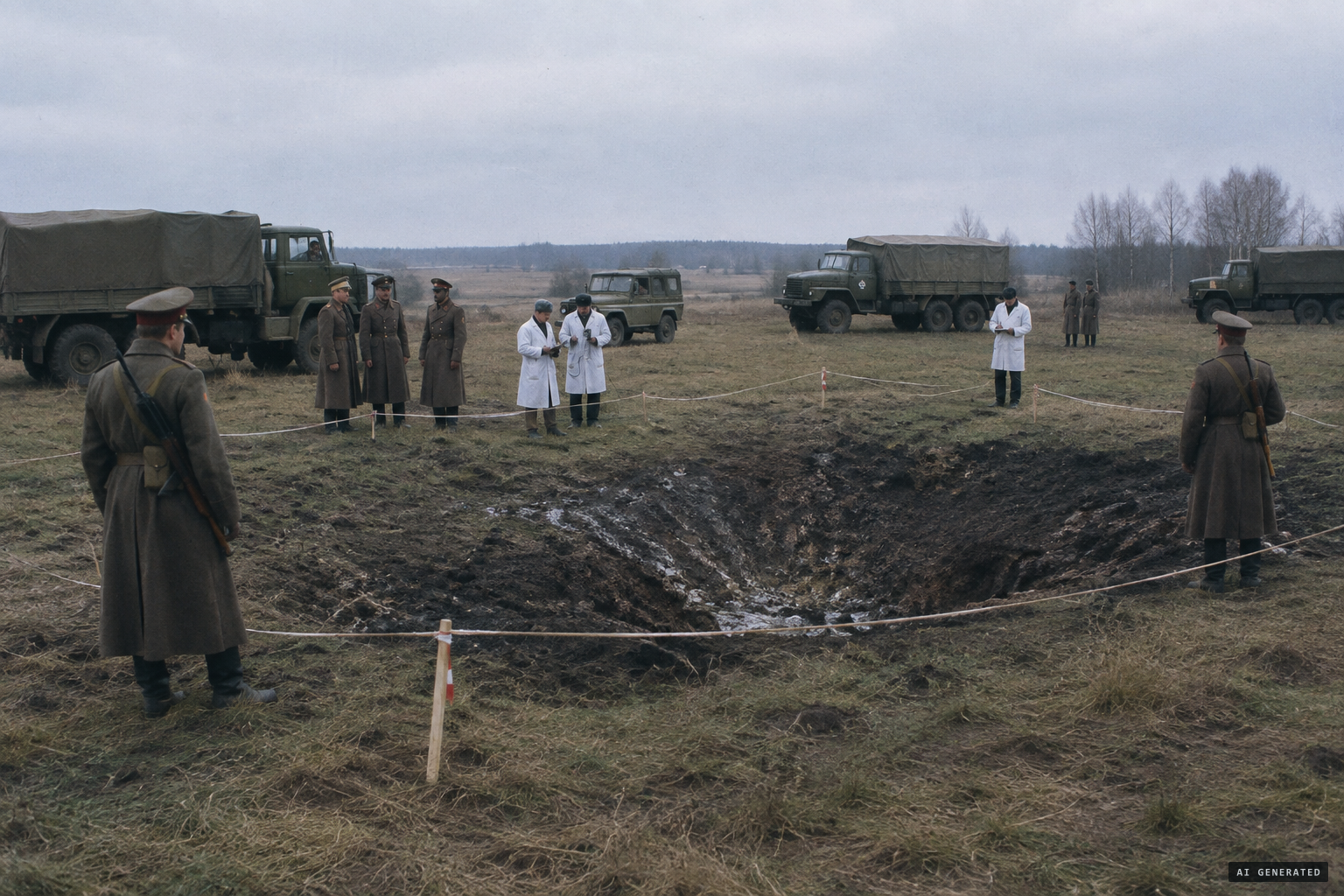 Scientists, military and security staff cordon off the crater