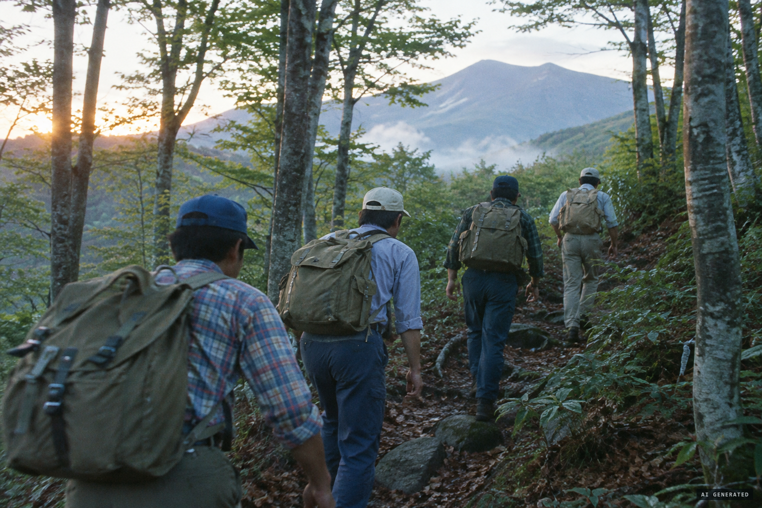 Four men climb Mount Itō for the village tourism campaign