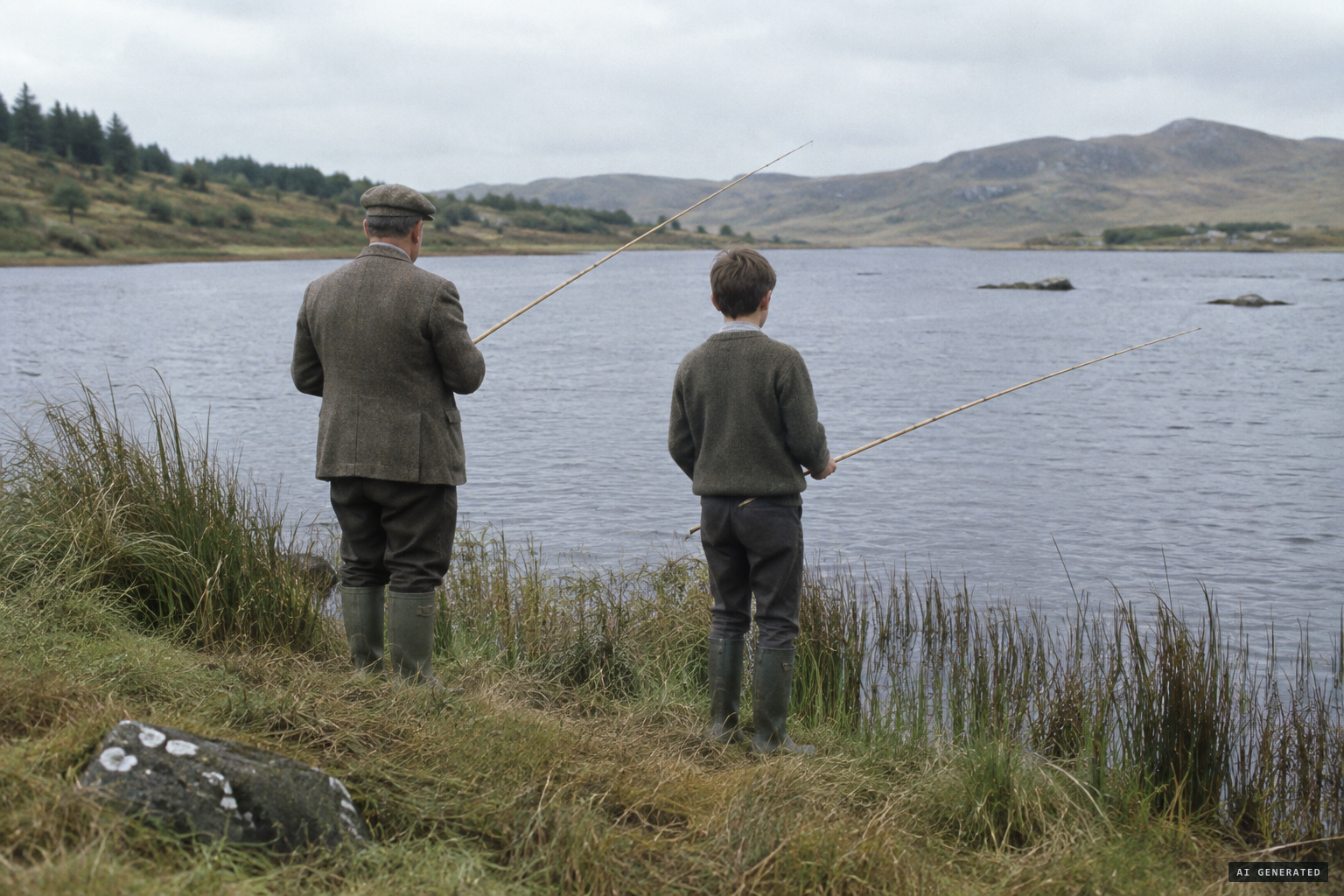 Schoolmaster Mullaney and his son fishing the lake