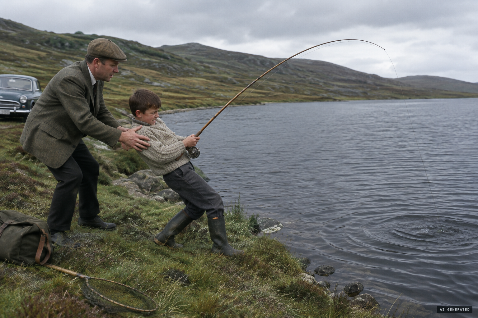 The son's hook catches something heavy