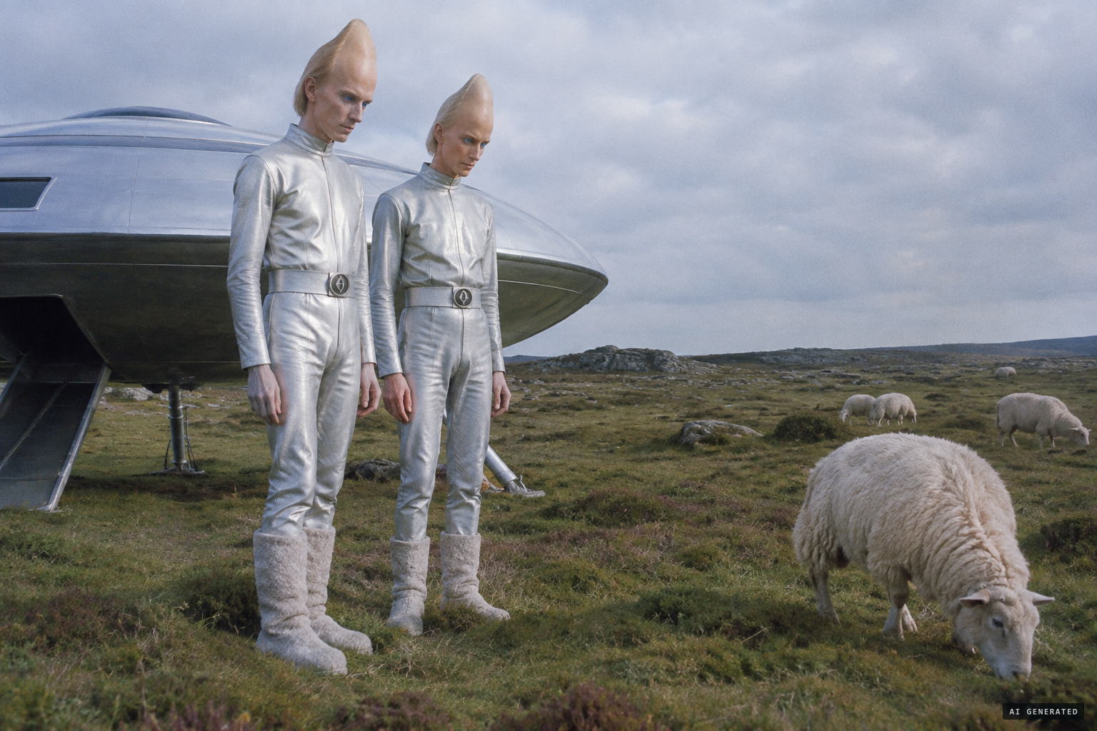 Two tall silent beings, seemingly interested in the sheep