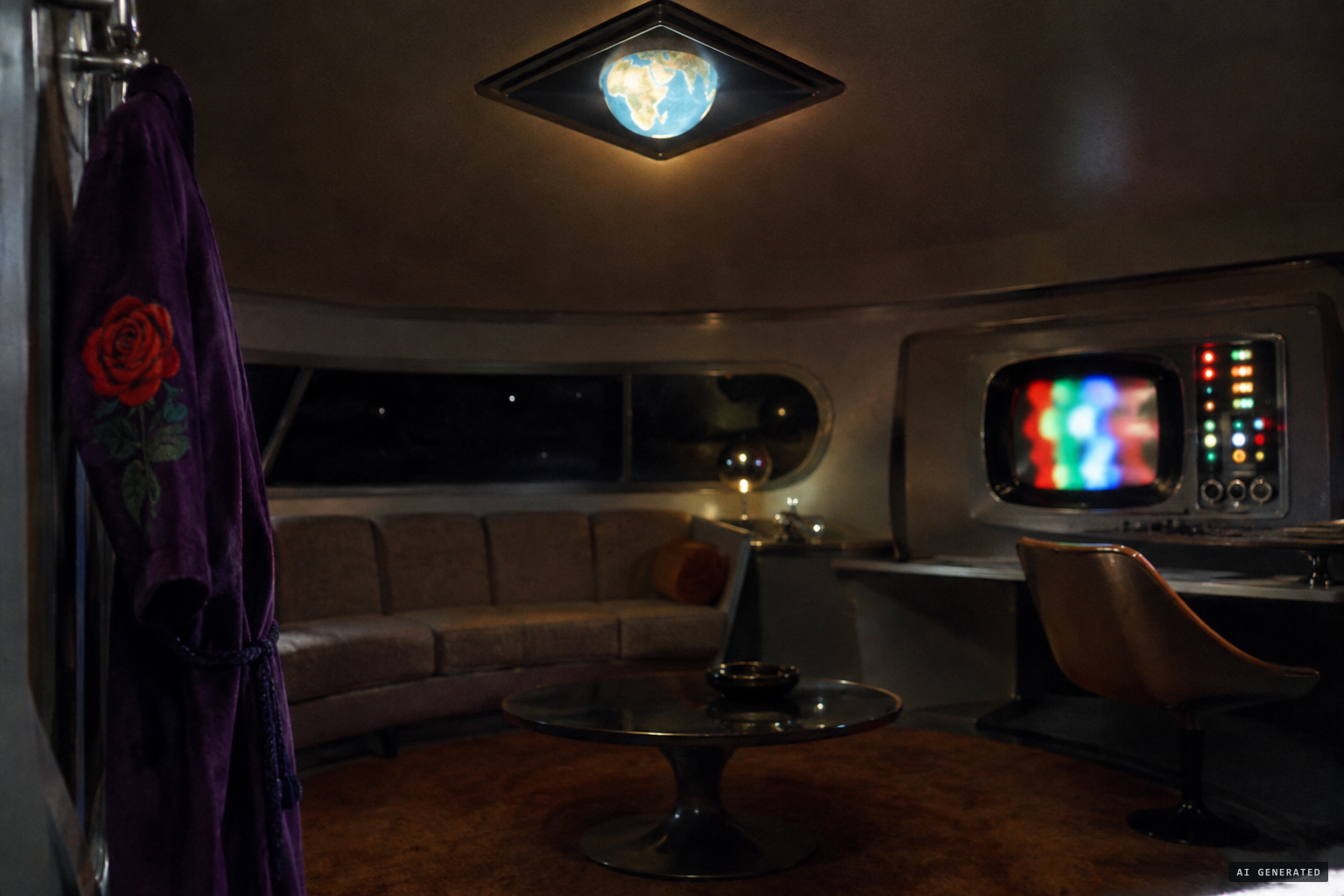 Inside the craft: the globe, the couch, the screen of lights and the purple robe