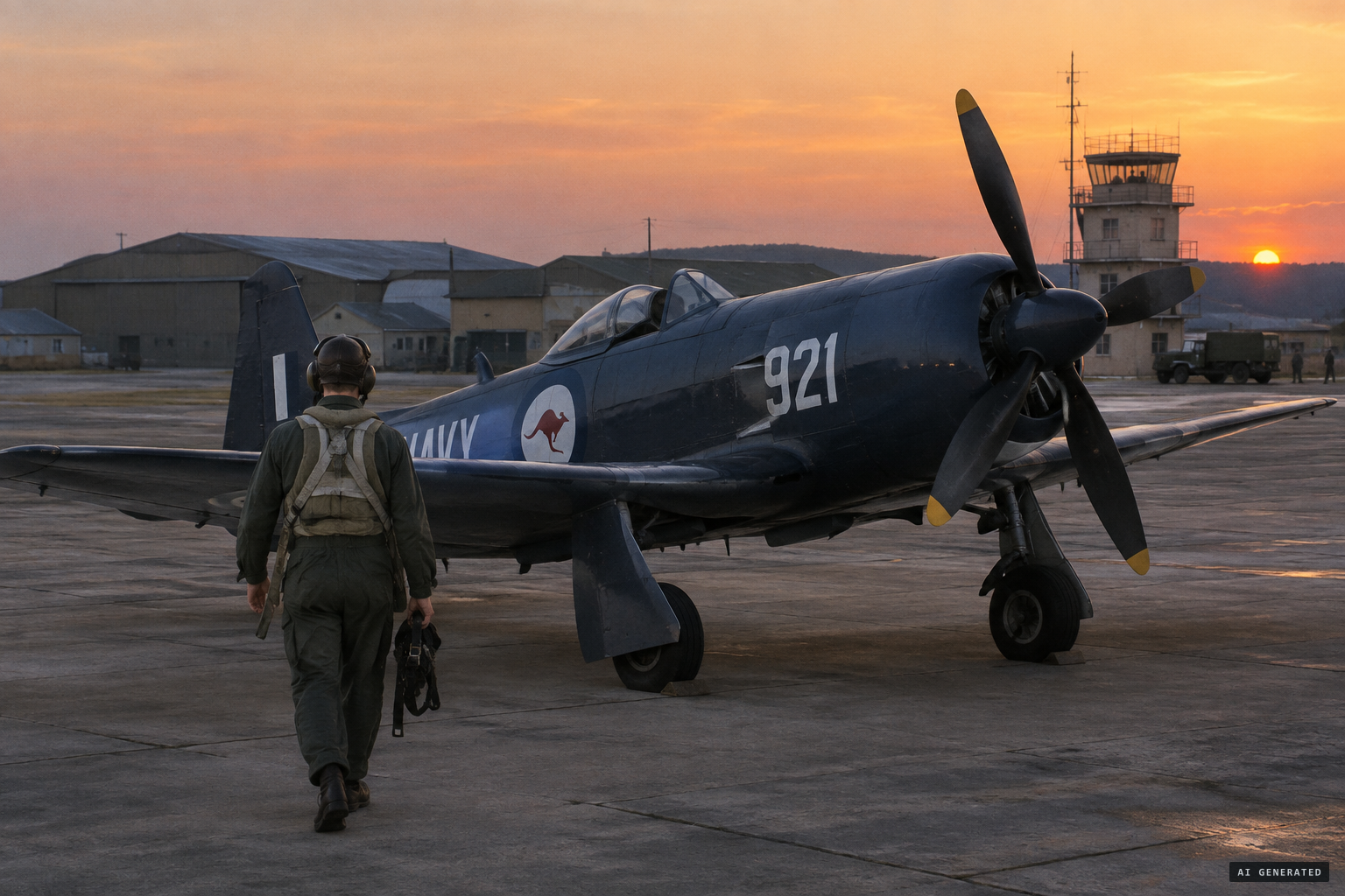 Lieutenant O'Farrell heads out to Sea Fury 921 at Nowra for a night navigation exercise.