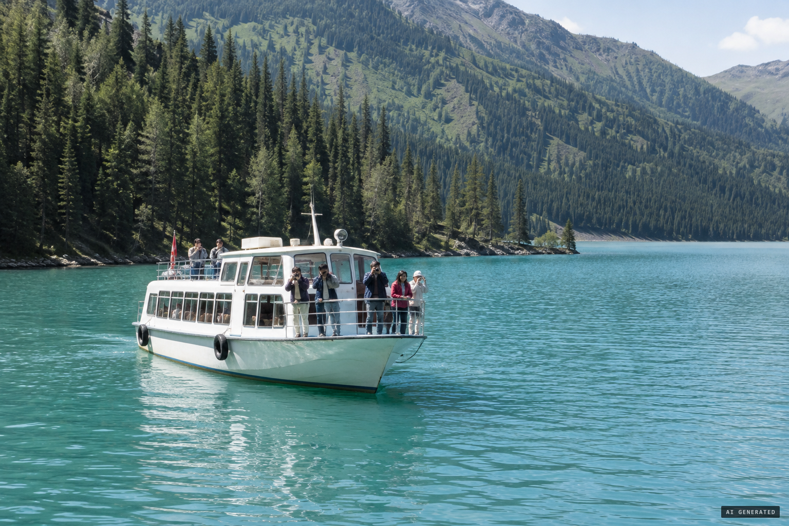 June 7, 2005: the only boat on the lake stops near Sandaowan for photos
