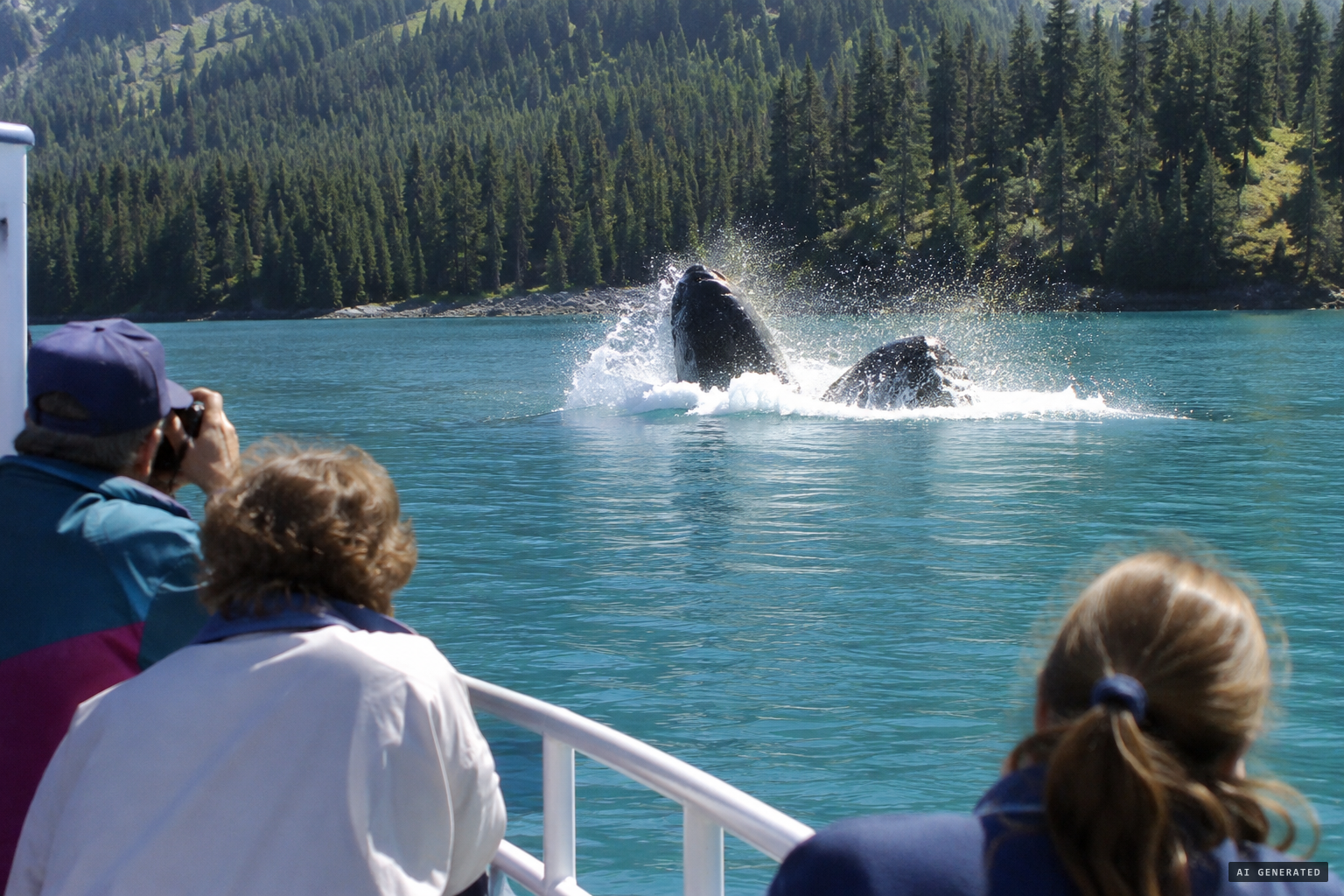 Two very large dark objects spring out of the water, breaking a one-metre wave