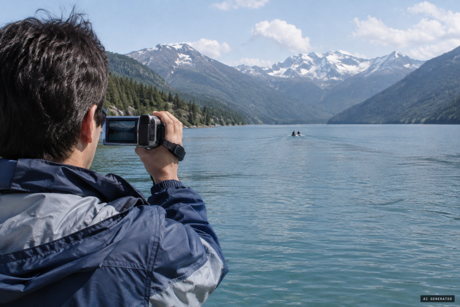 The tourists film as the objects head swiftly toward the middle of the lake