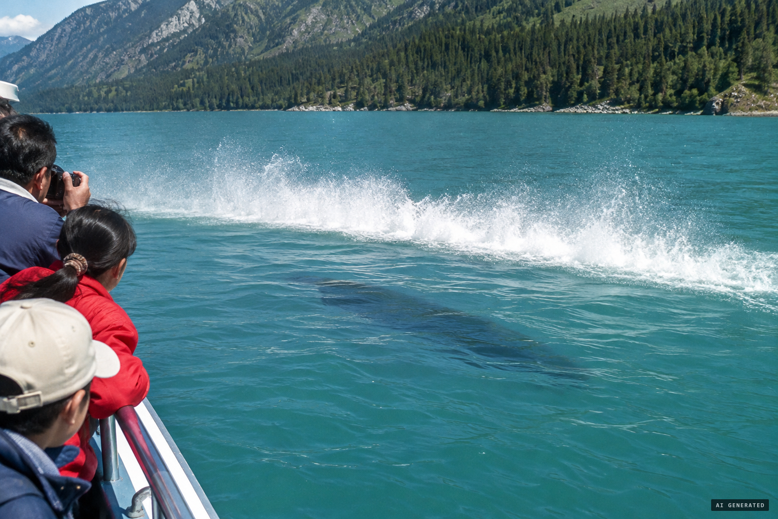 The later telling: first a wave and long spray, then one large shape underwater