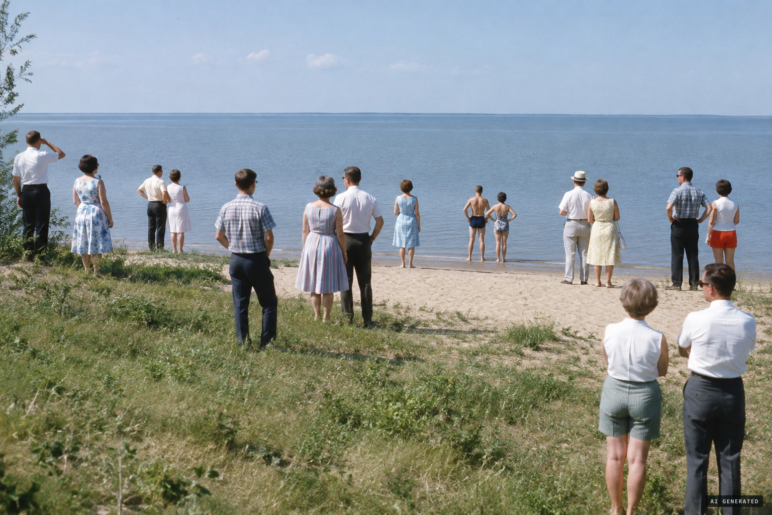 Seventeen strangers gather on the shore near Toutes Aides