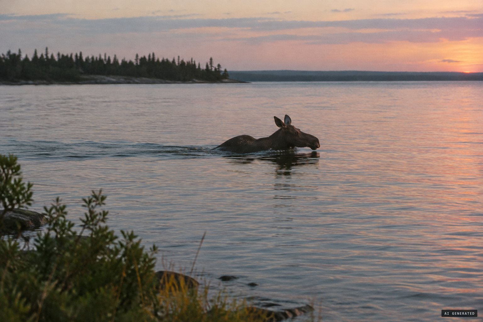 A swimming moose: dark brown, humped, with a long wake