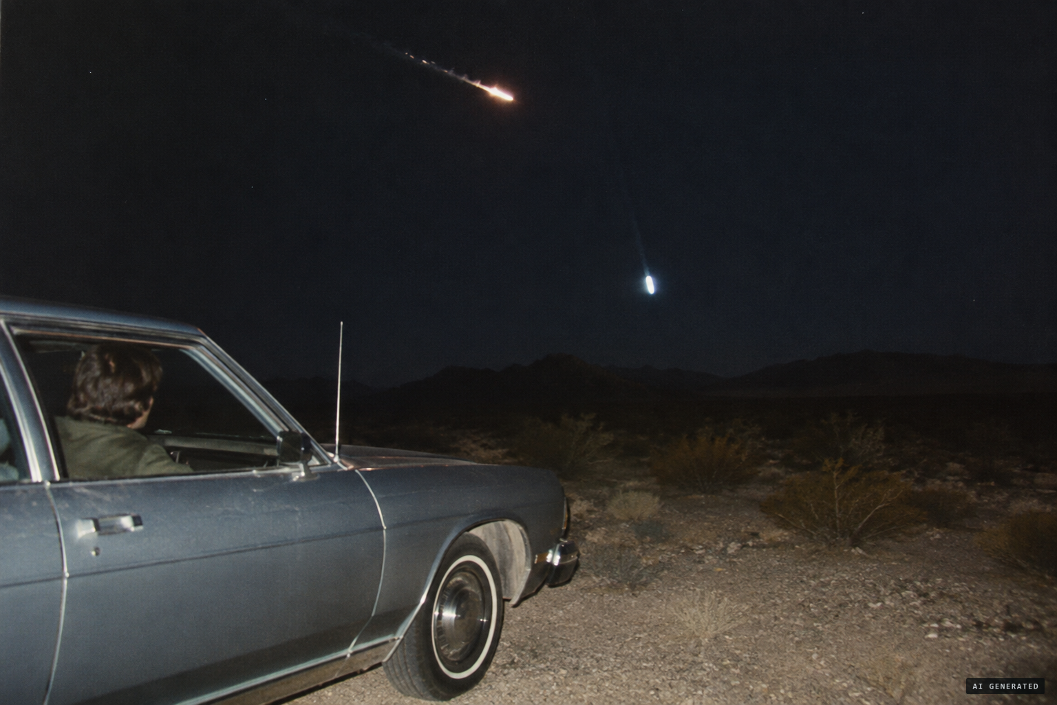 A silver glowing object separates from the meteors and falls toward the ground