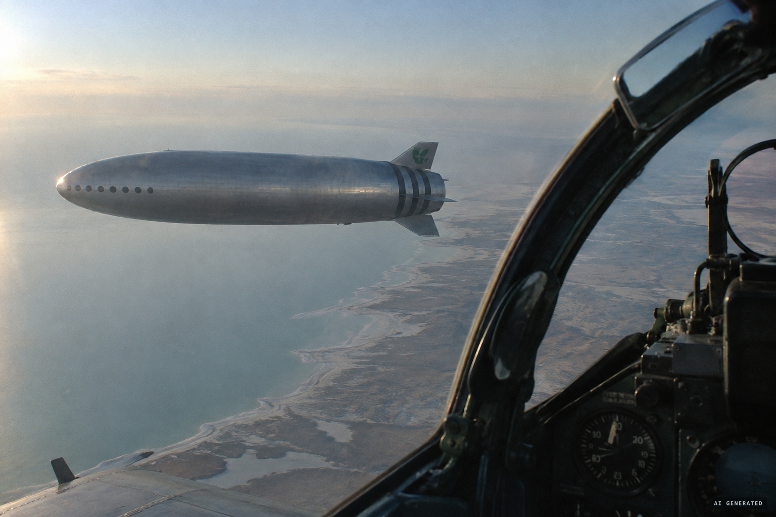 A huge 'dirigible balloon', about 600 m long, dimly shining in the sunlight