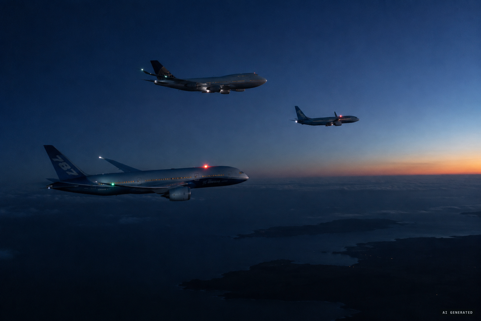 Transatlantic jets crossing the airspace off Ireland's south-west coast before sunrise, 9 November 2018