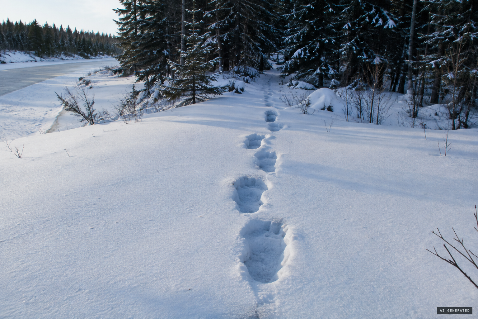 Hundreds of footprints, each about 50 cm long, in deep snow