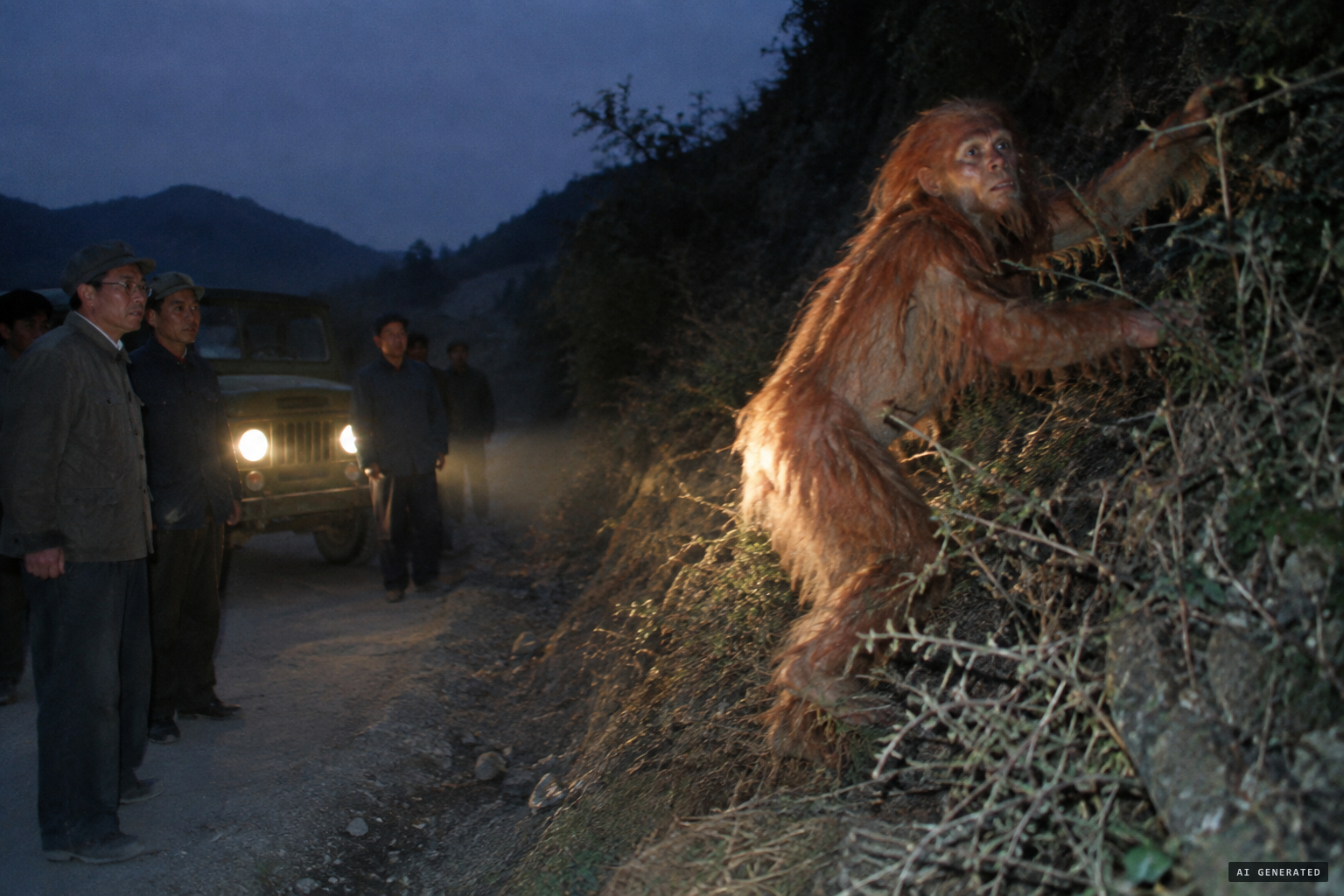 The creature grabs the thorny brush and tries twice to climb the bank