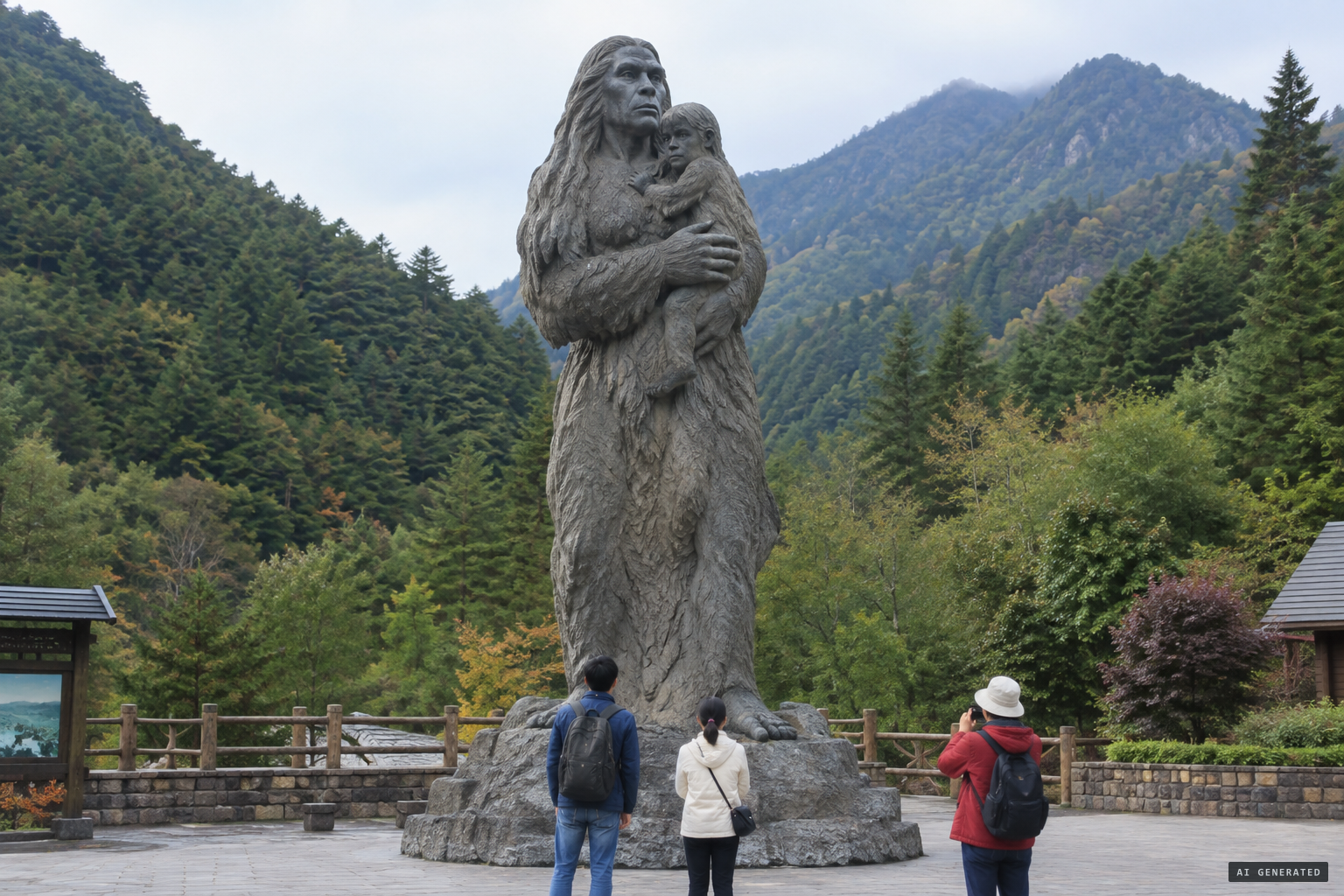 The statue of a female Yeren with child in the reserve today