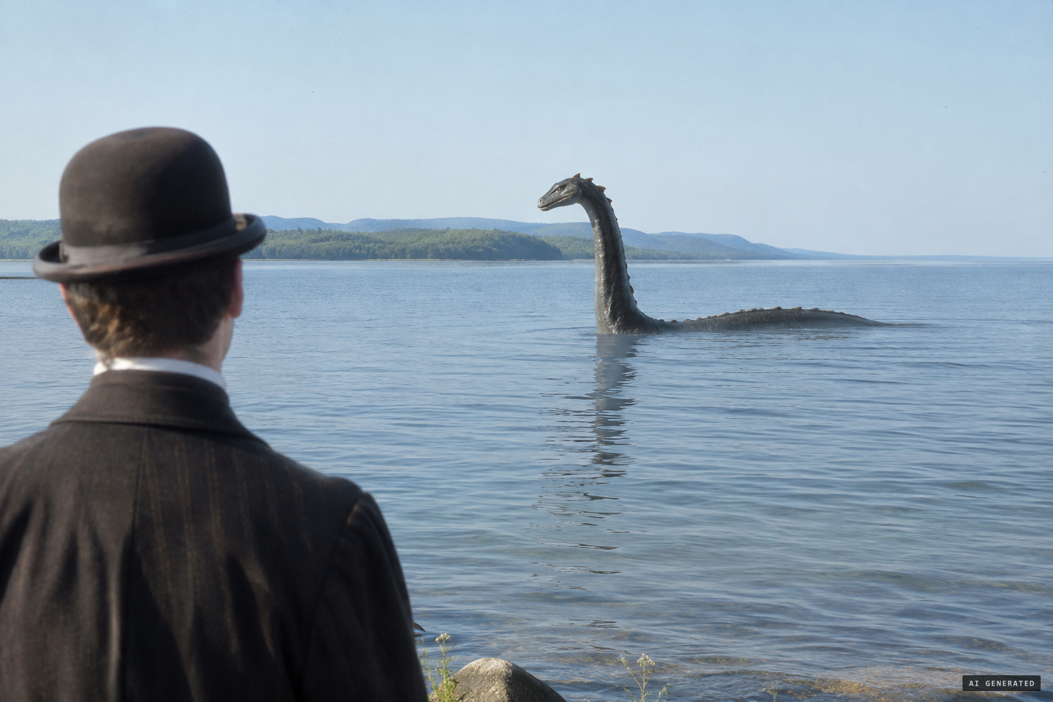 A gigantic water serpent, 25 to 30 feet long, rises five feet from the lake