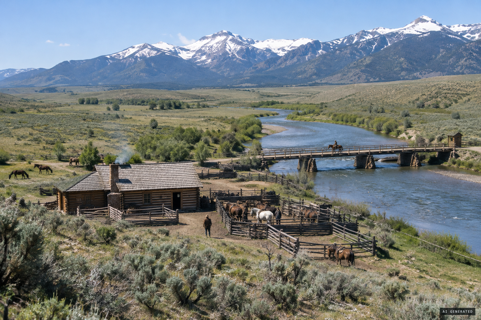 The Hutchins ranch and toll bridge on the Madison River