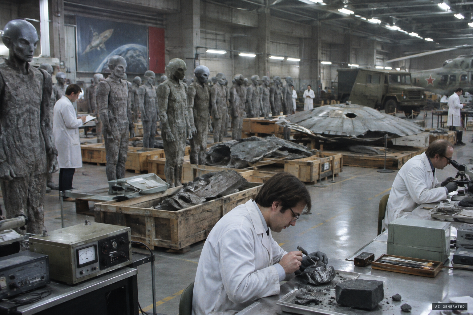 The stone figures and wreckage at a research institution near Moscow