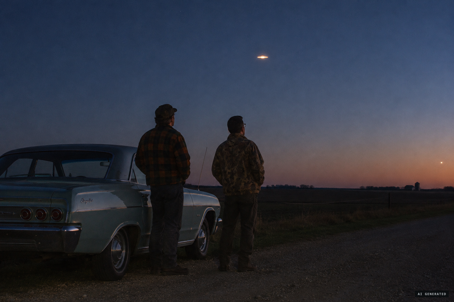 Strauch and Donald Grewe step out of the car to watch the hovering object
