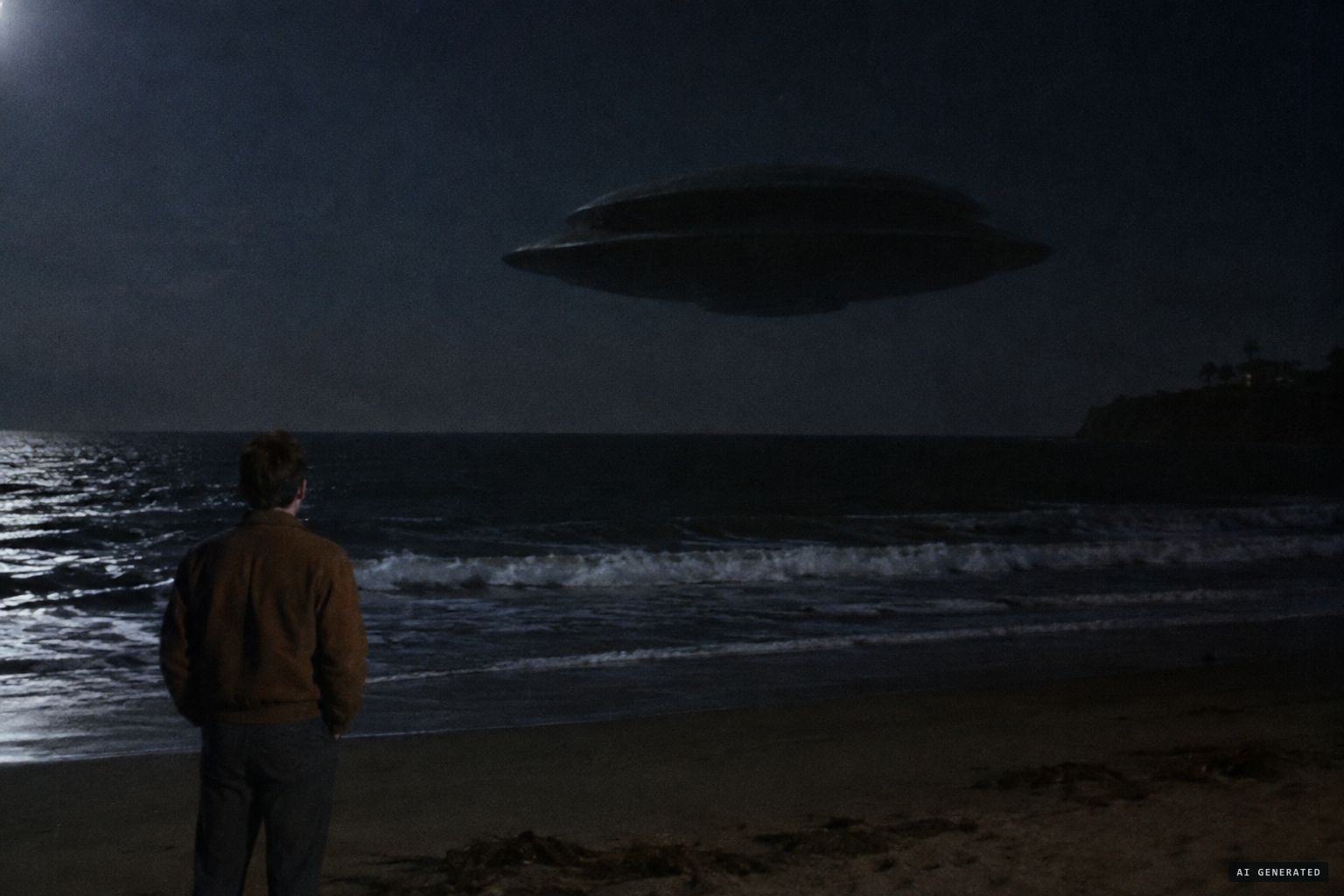 A large dark disc with no lights approaches from the Pacific