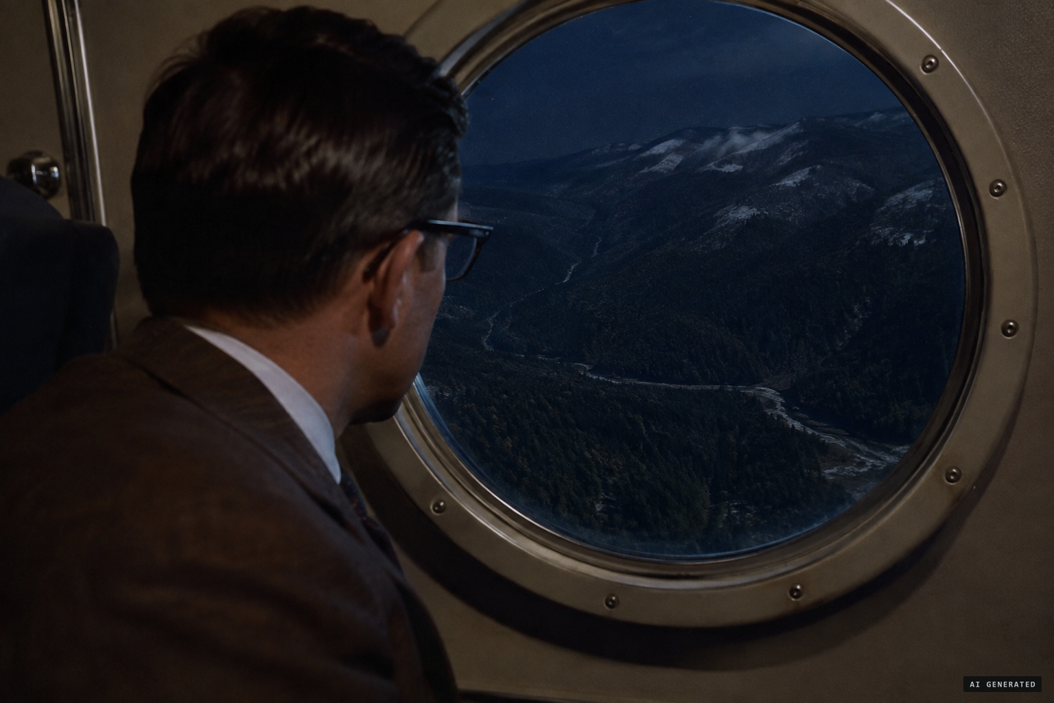 Through the portholes the landscape turns mountainous